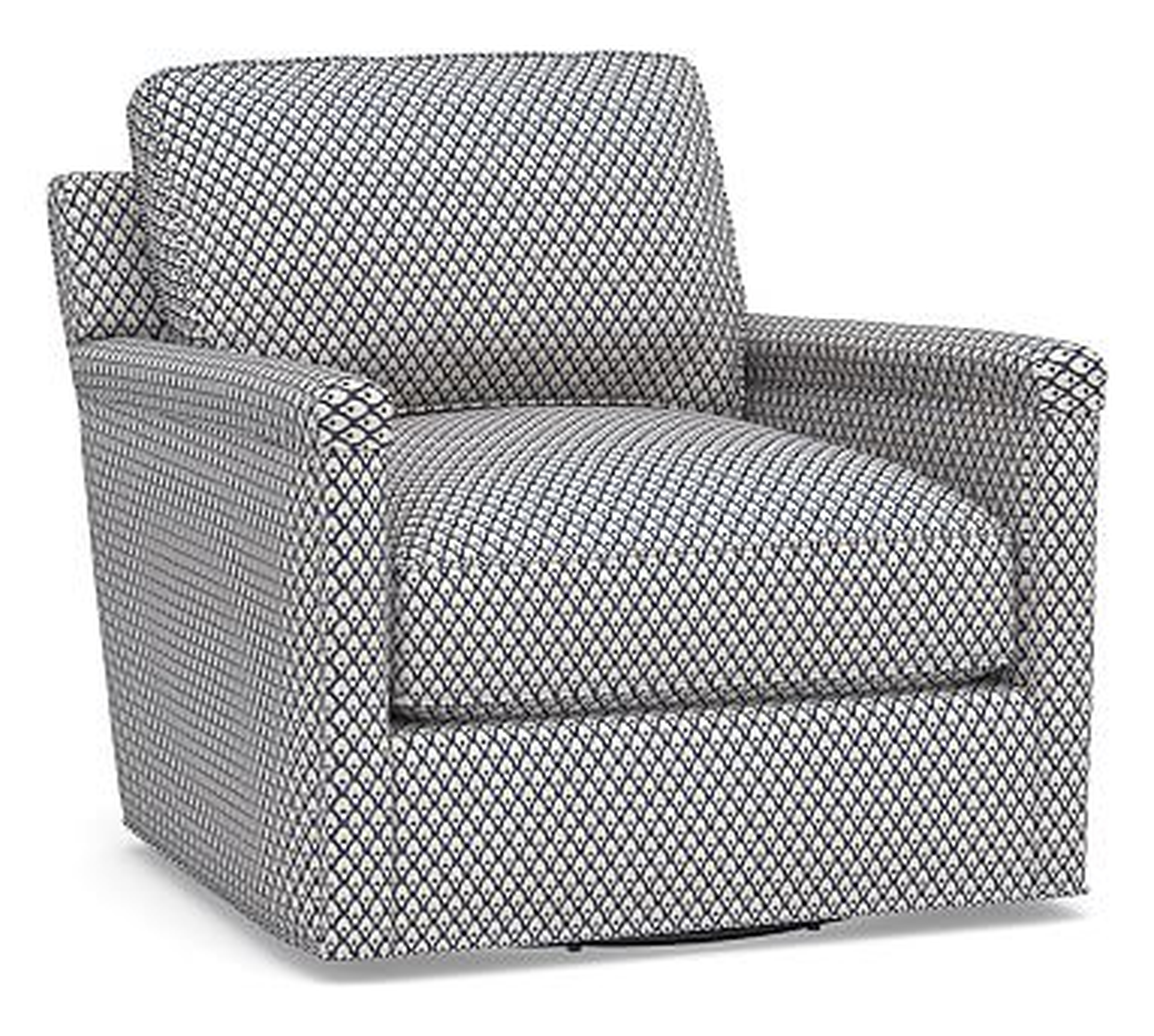 Tyler Square Arm Upholstered Swivel Armchair without Nailheads, Polyester Wrapped Cushions, Kendall Print Navy - Pottery Barn