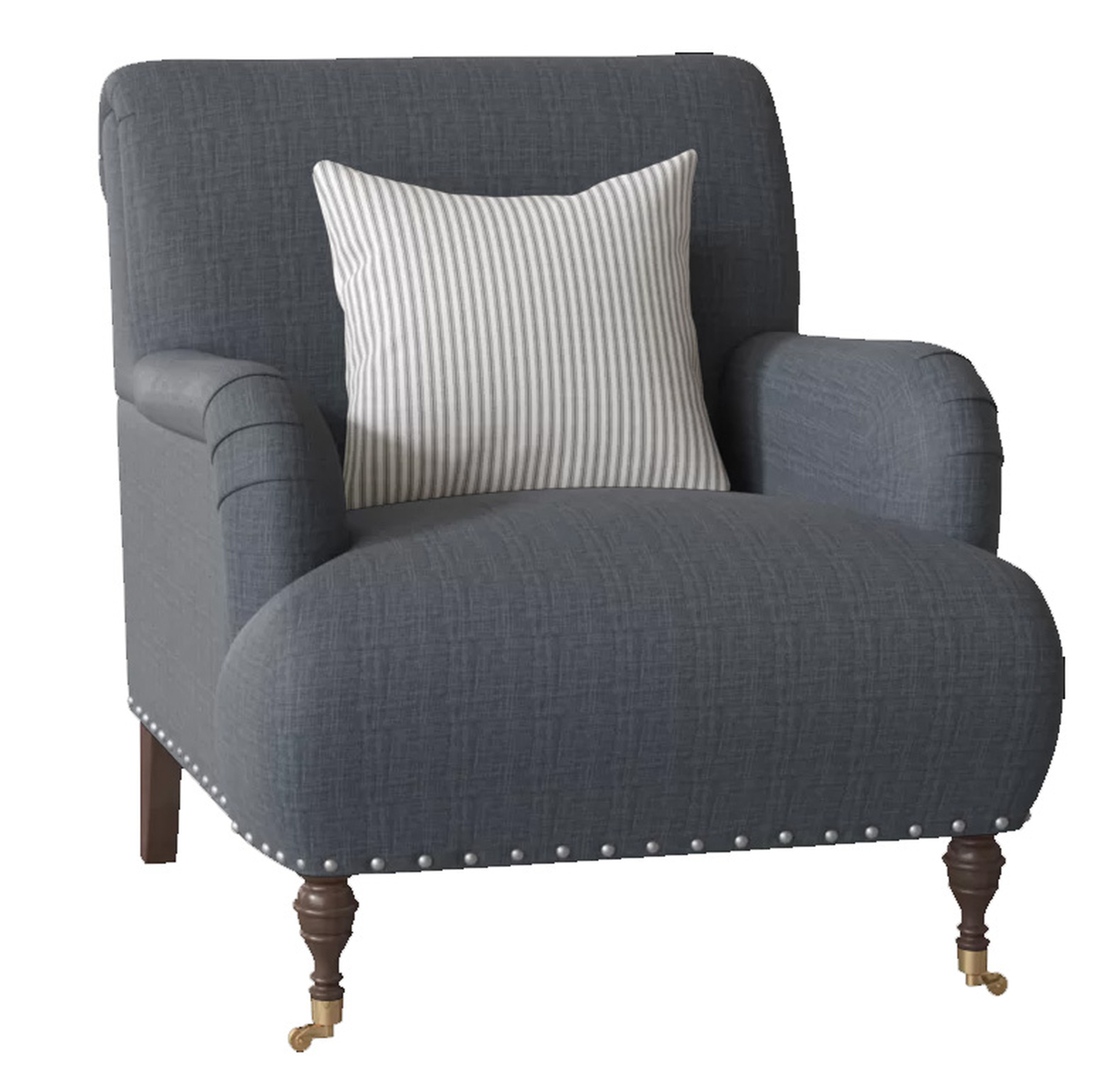 CUSTOM: Shephard 22" Armchair chair fabric: Fandango Indigo, Pillow fabric: Cruise Adrift, Leg: Black Walnut Brass - Birch Lane