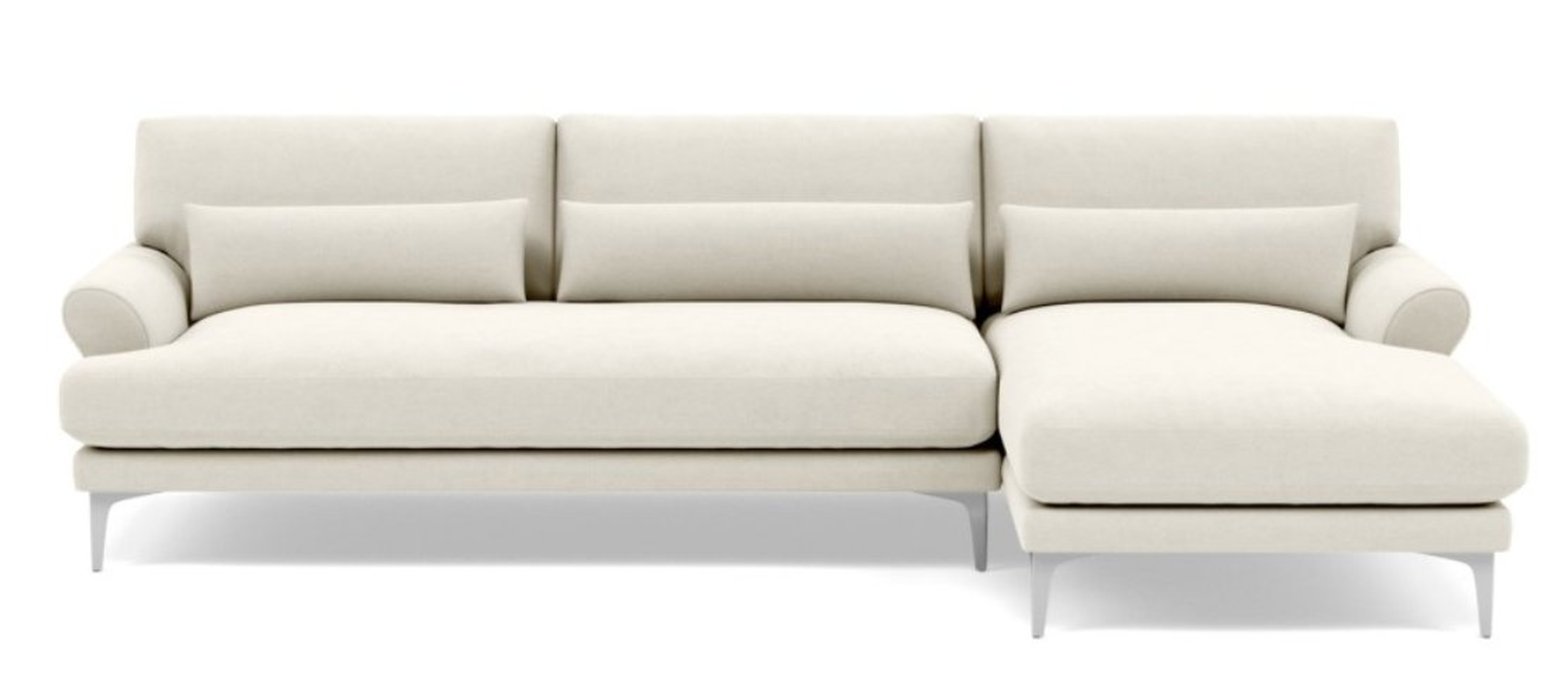 Maxwell 106" Sectional with Right Chaise - Chalk Heathered Weave - Chrome Plated Sloan L Leg -  Long Chaise - Bench Cushion - Interior Define