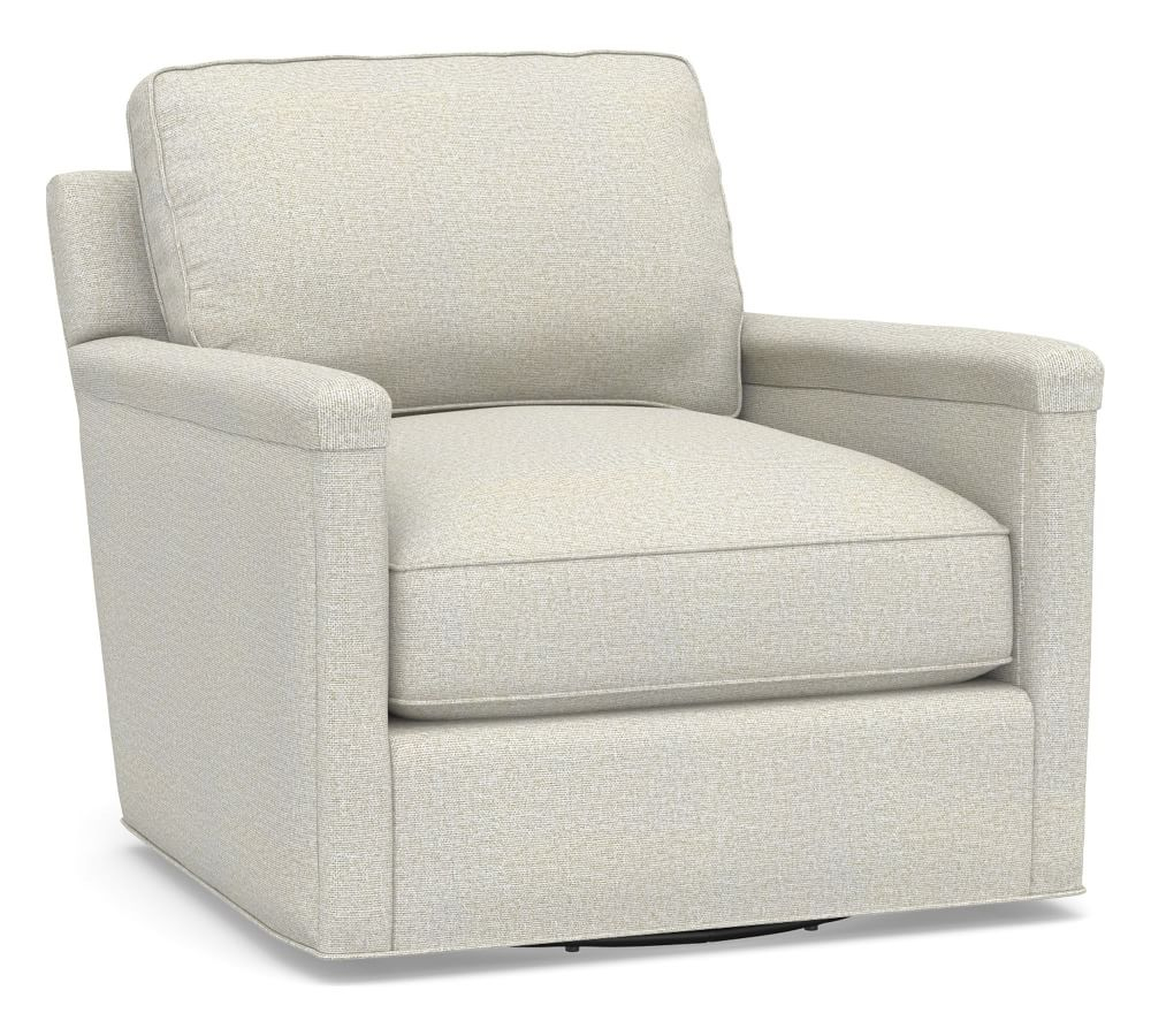Tyler Square Arm Upholstered Swivel Armchair, Down Blend Wrapped Cushions, Performance Heathered Basketweave Dove - Pottery Barn