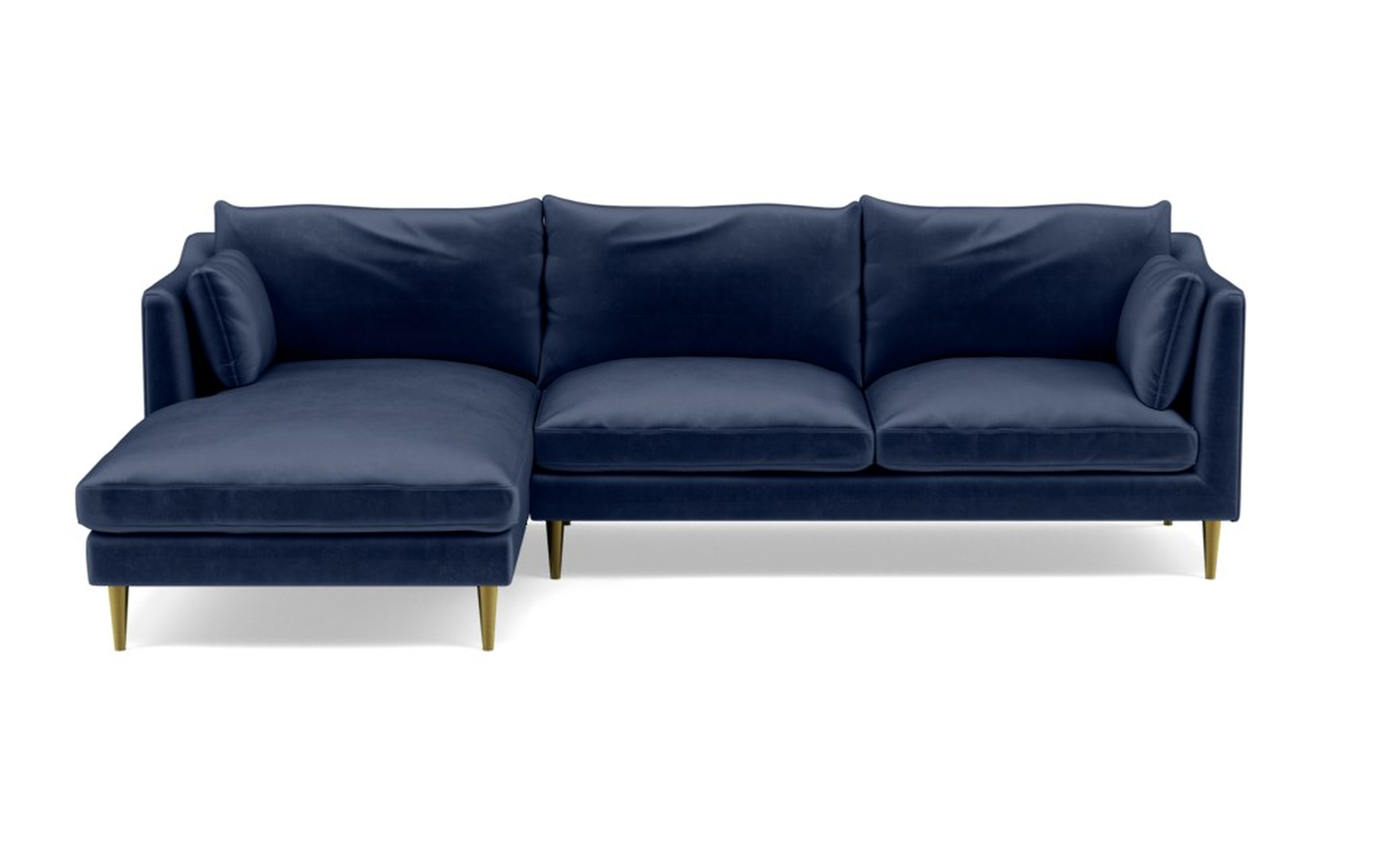 CAITLIN BY THE EVERYGIRL Sectional Sofa with Left Chaise-98”-2 cushion- Bergen Blue Mod Velvet- Brass Plated Tapered Round Metal - Interior Define