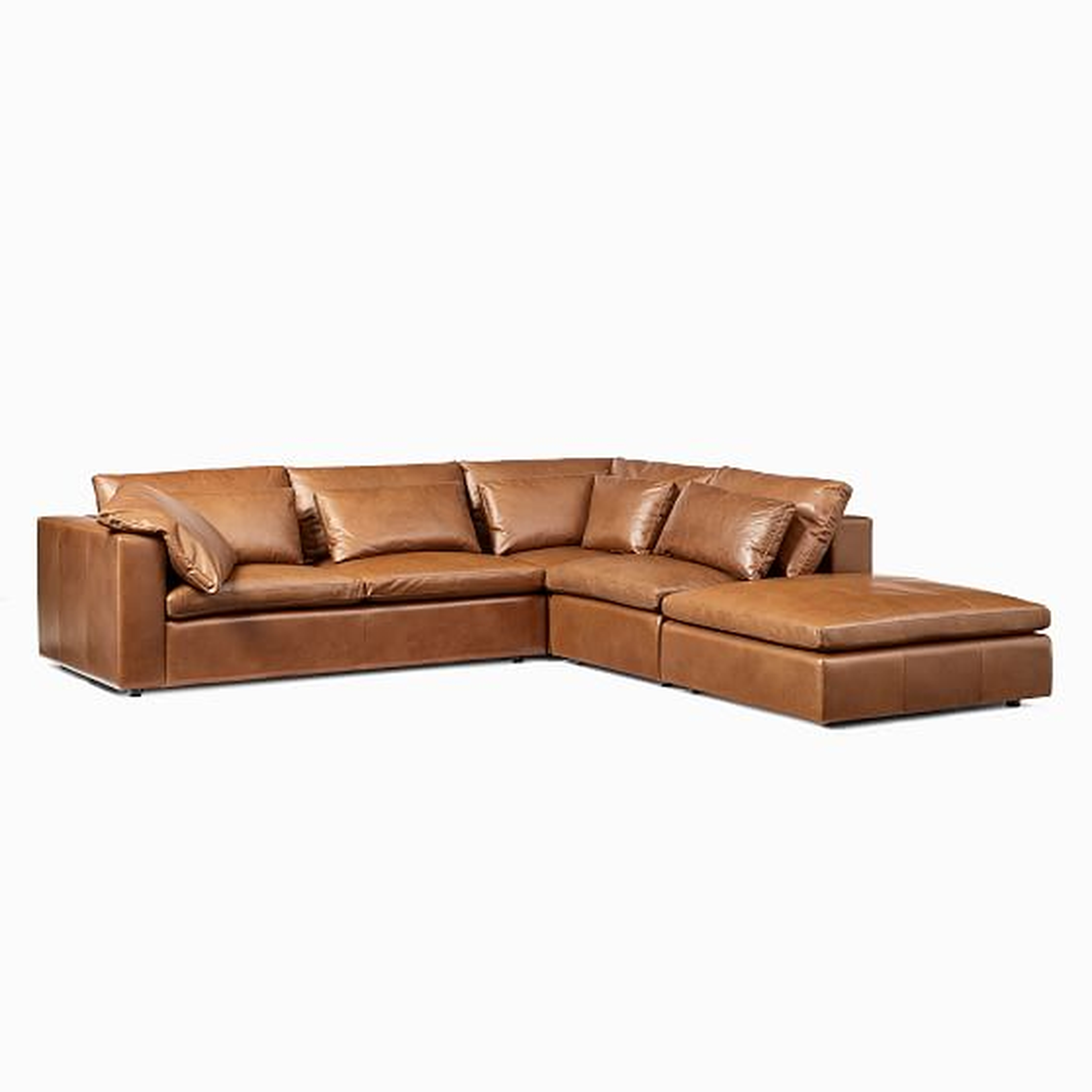 Harmony Modular Sectional Set 04: Left Arm Sofa + Corner + Armless Single + Ottoman, Down, Saddle Leather, Nut, Concealed Supports - West Elm