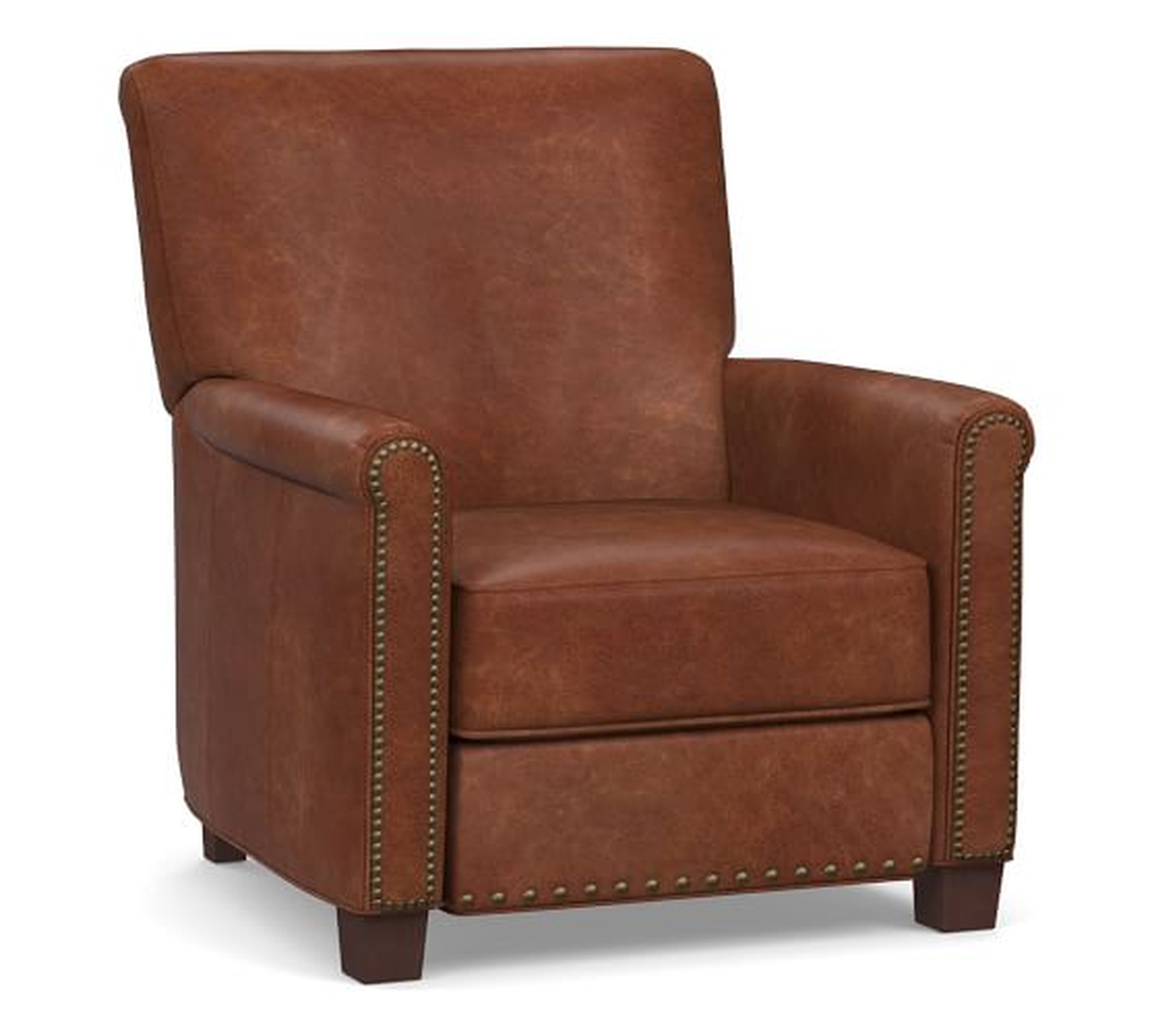 Irving Roll Arm Leather Recliner with Nailheads, Polyester Wrapped Cushions, Statesville Molasses - Pottery Barn