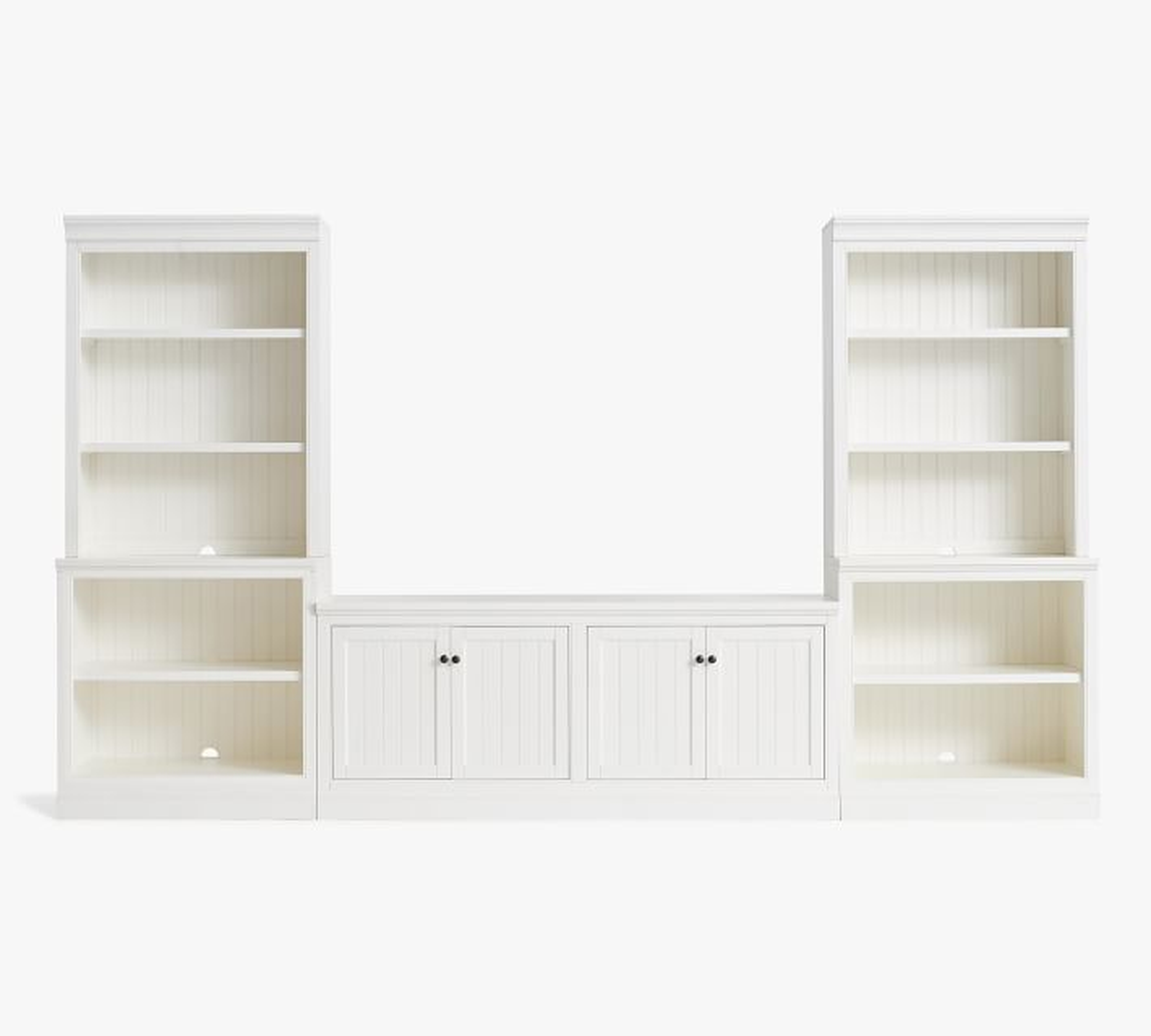 Aubrey 5-Piece Entertainment Center with Cabinets, Dutch White, 144" Wide - open cabinets - Pottery Barn