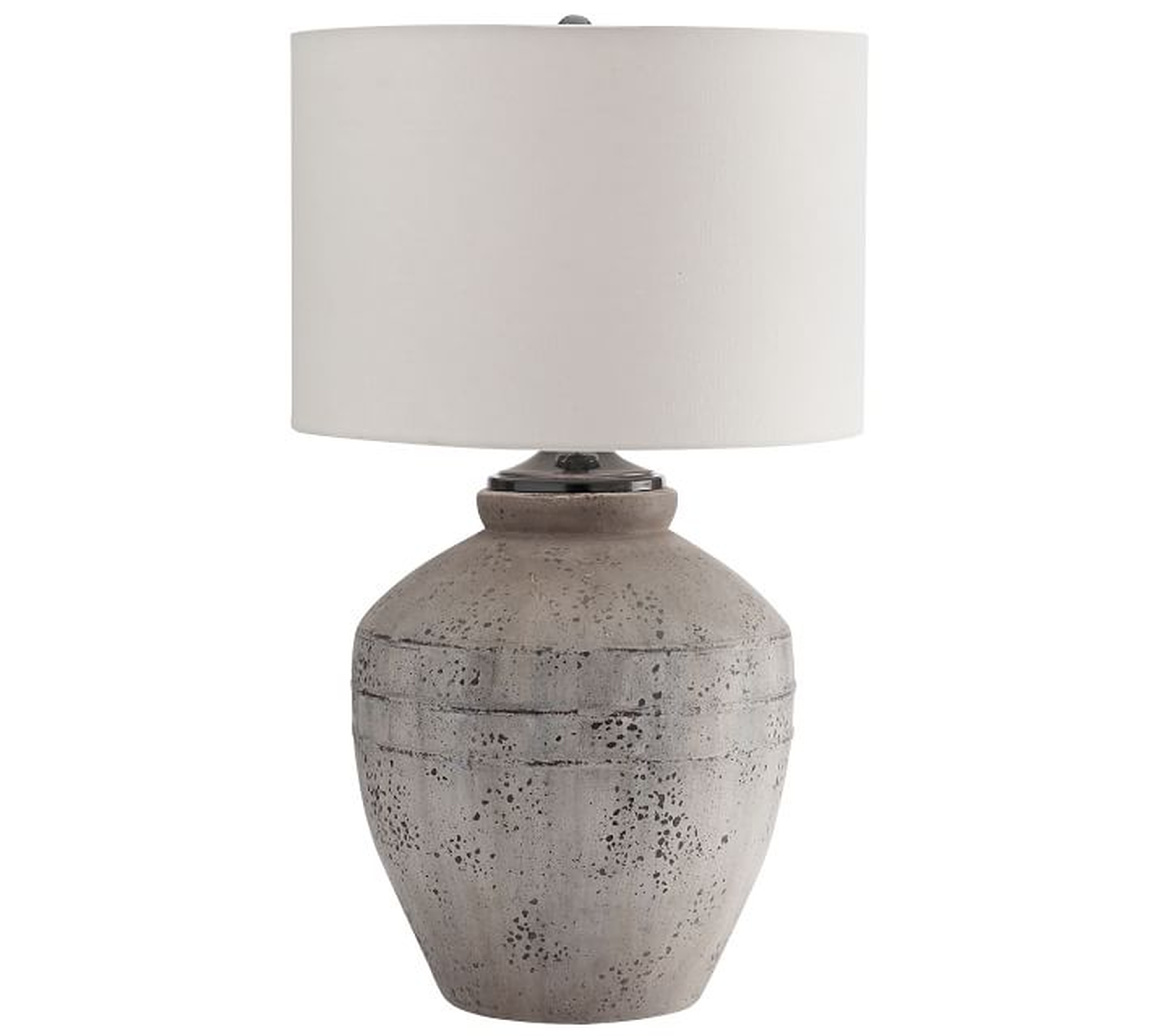 Maddox Terra Cotta 23.5" Table Lamp, Rustic Gray Base With Medium Drum Shade, White - Pottery Barn