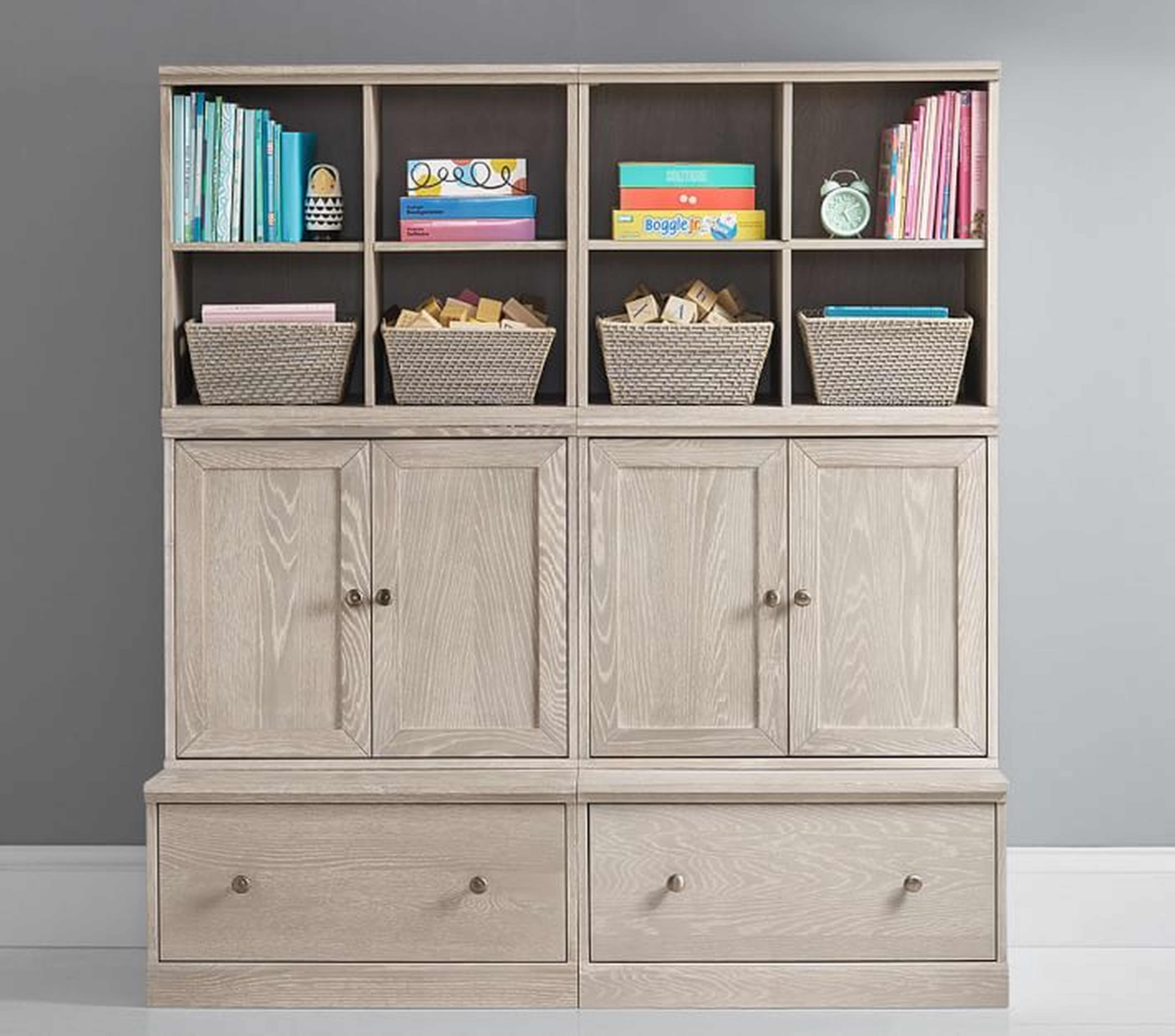 Cameron 2 Bookcase Cubbies, 2 Cabinets, & 2 Drawer Bases, Heritage Fog, UPS - Pottery Barn Kids