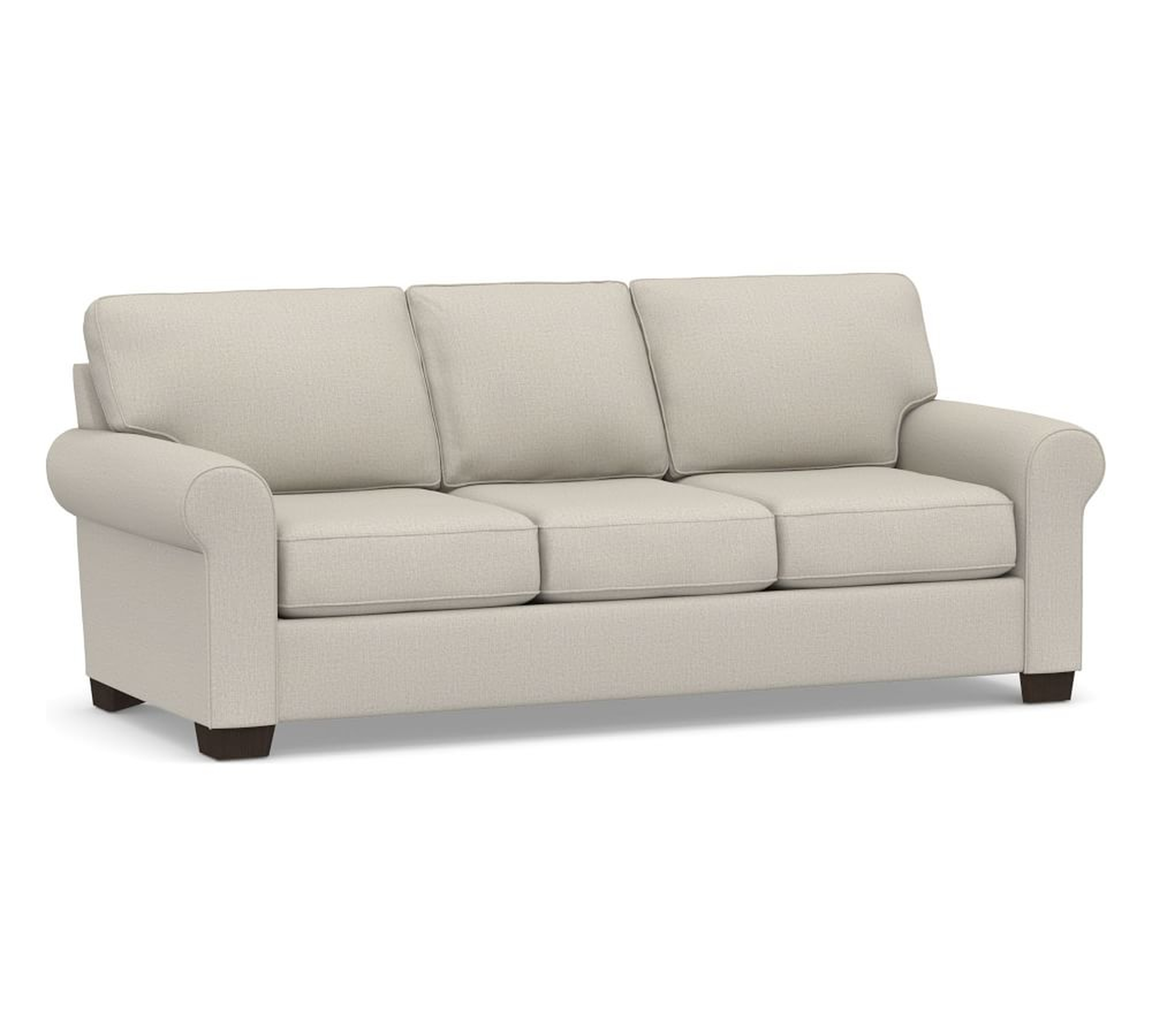 Buchanan Roll Arm Upholstered Sofa 87", Polyester Wrapped Cushions, Performance Heathered Tweed Pebble - Pottery Barn