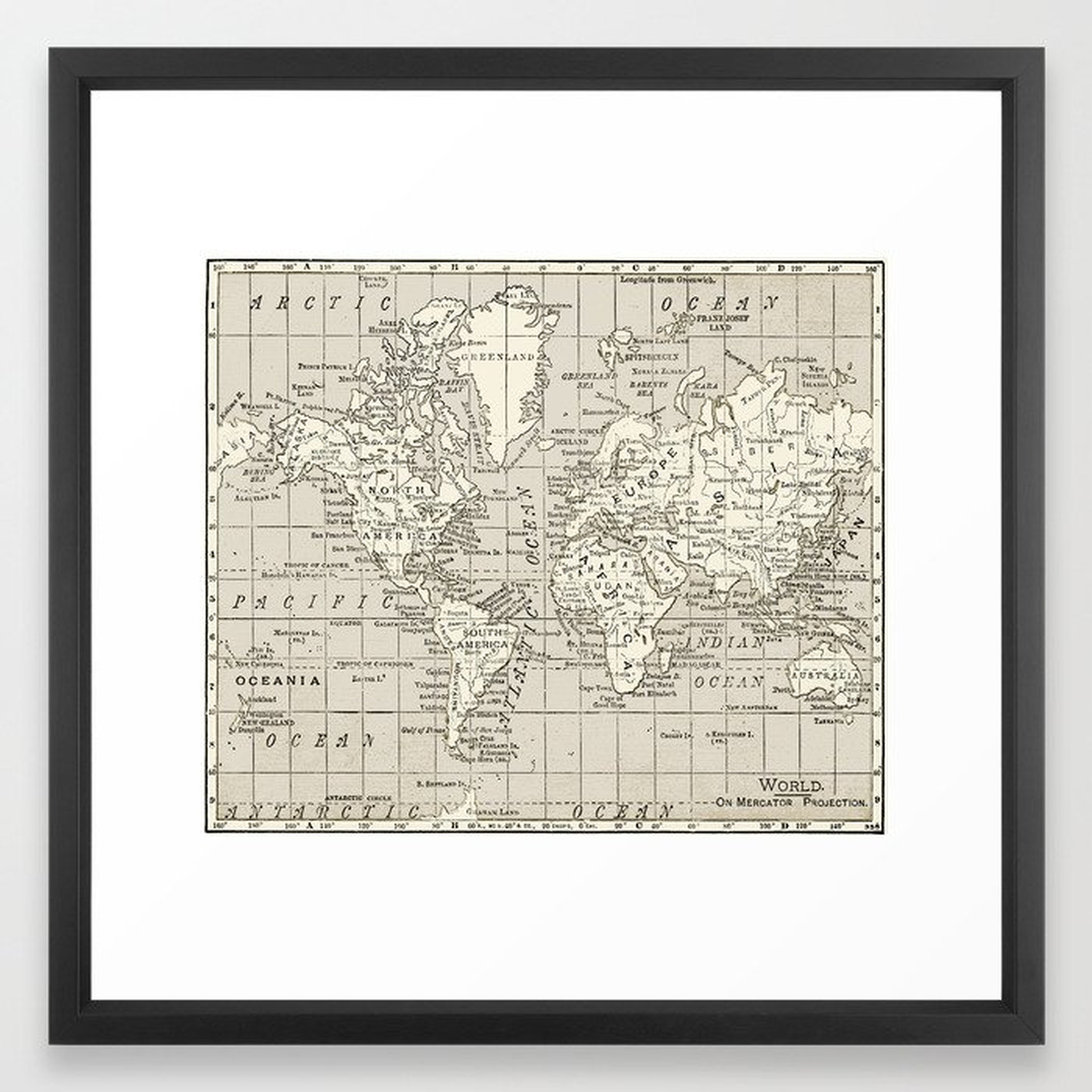 Taupe Wol Map Framed Art Print - Society6