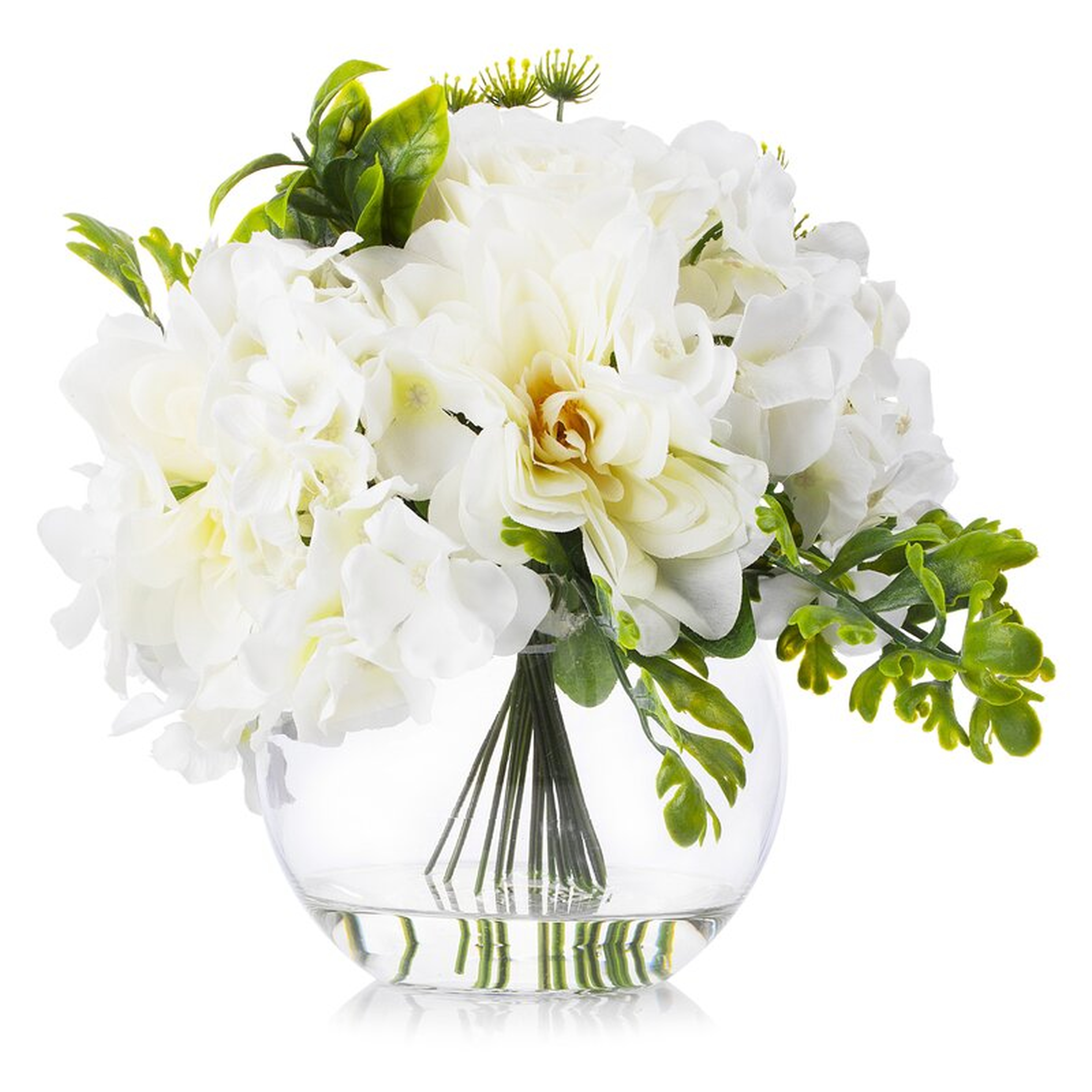 Cream Hydrangea Rose And Peony Mixed Silk Flower In Round Clear Glass Vase - Wayfair