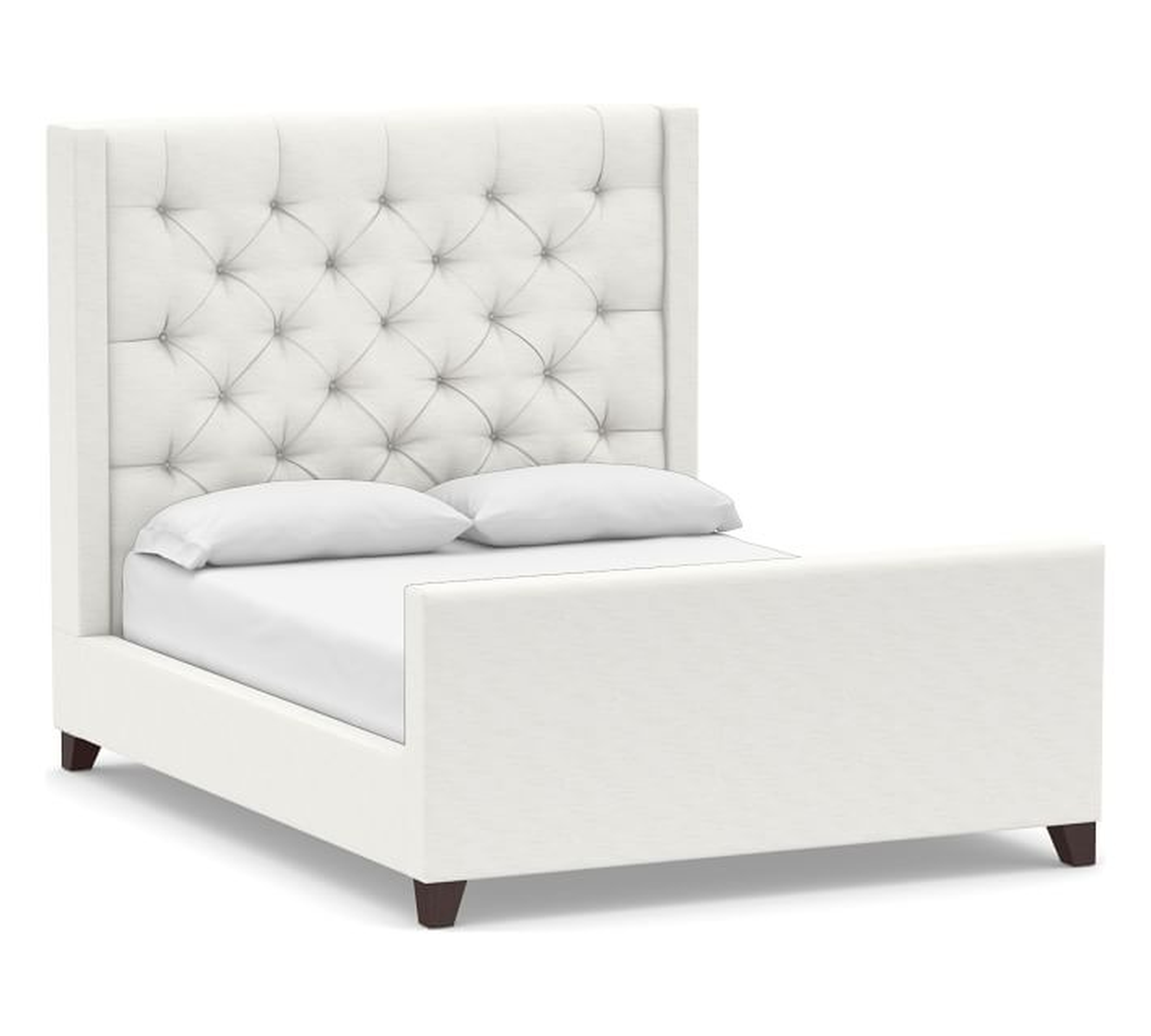 Harper Tufted Upholstered Bed &amp; Tall Footboard without Nailheads, King, Performance Slub Cotton White - Pottery Barn