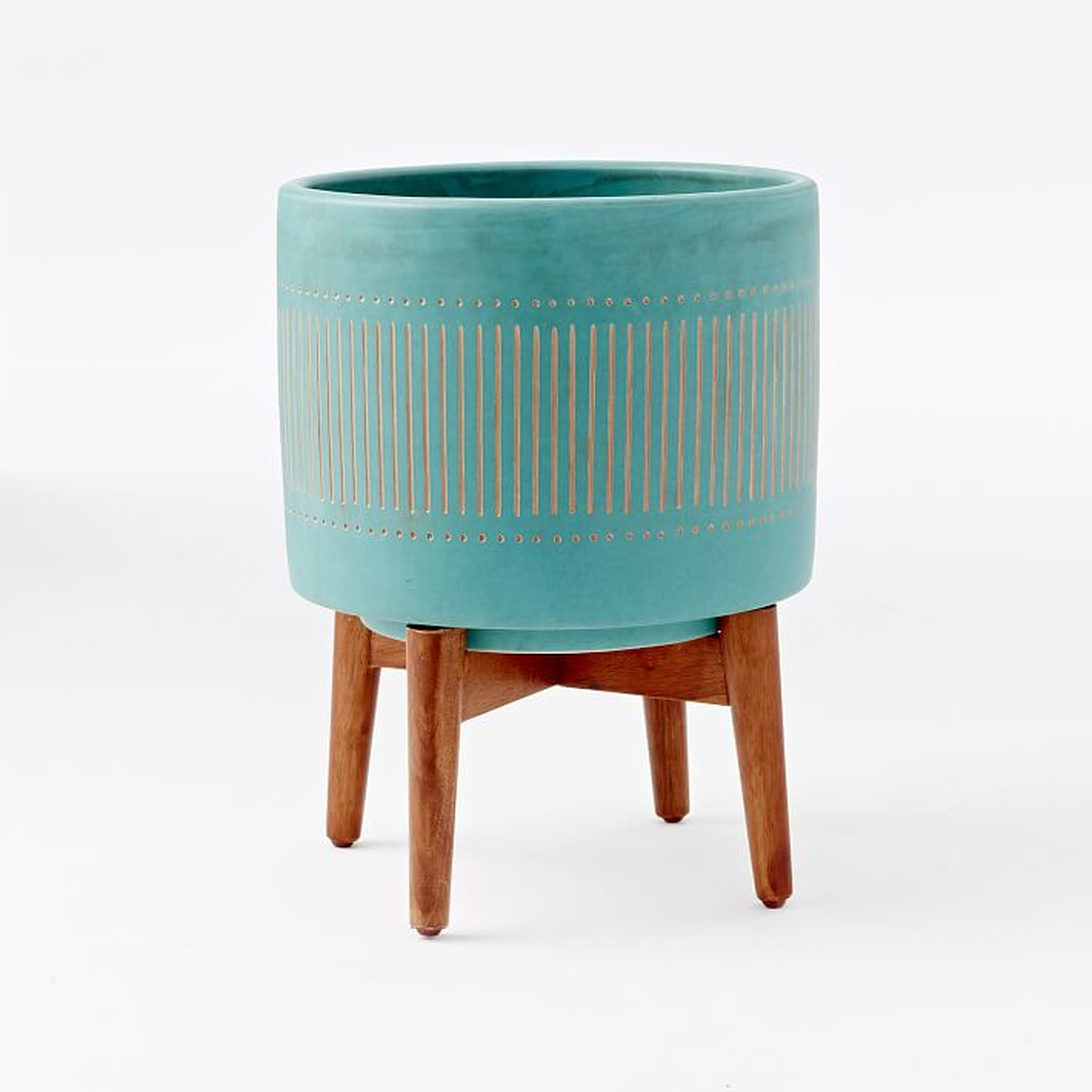 Turned Wood Leg Standing Planter, Wide, Turquoise - West Elm