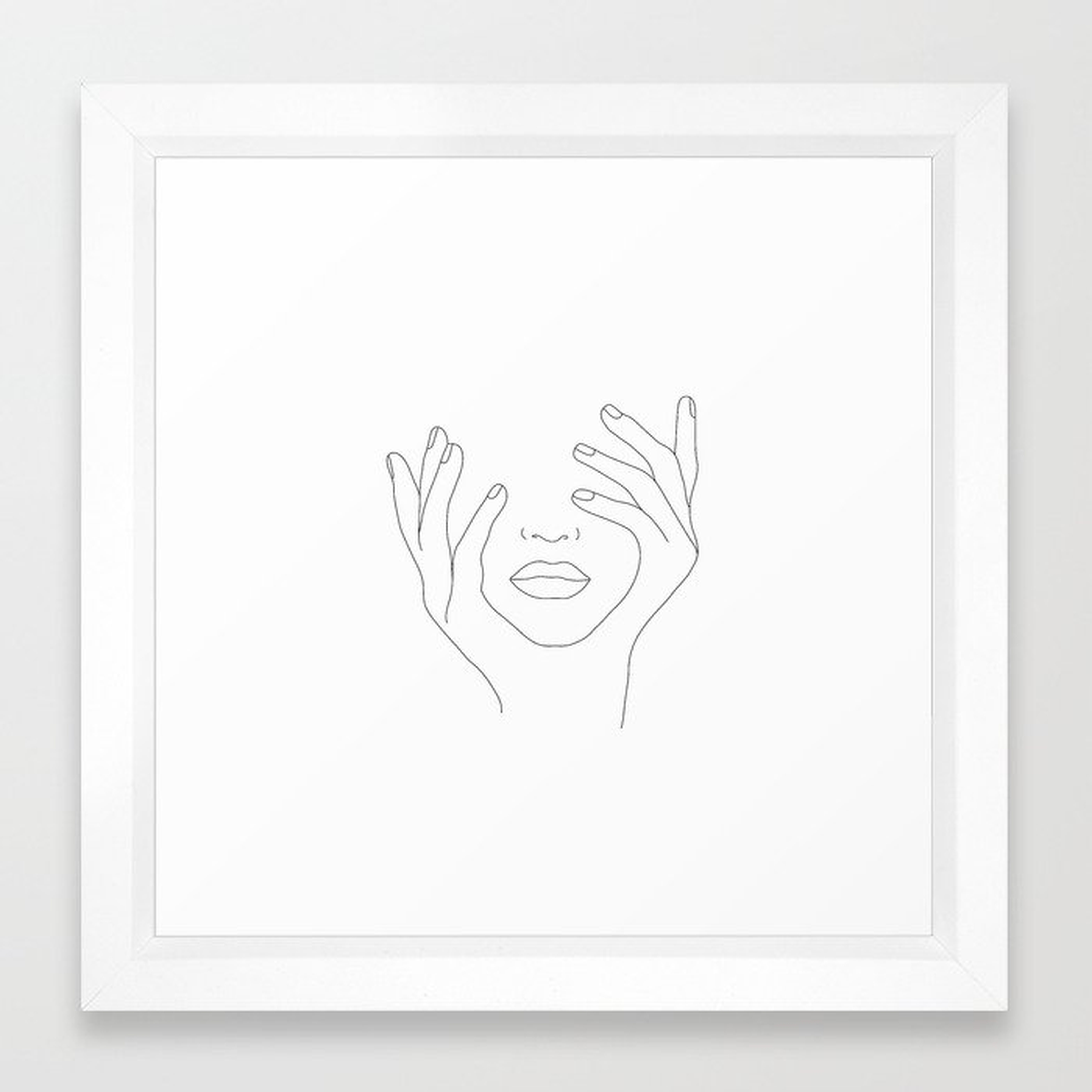 Minimal Line Art Woman with Hands on Face Framed Art Print (Vector White Frame) - Society6