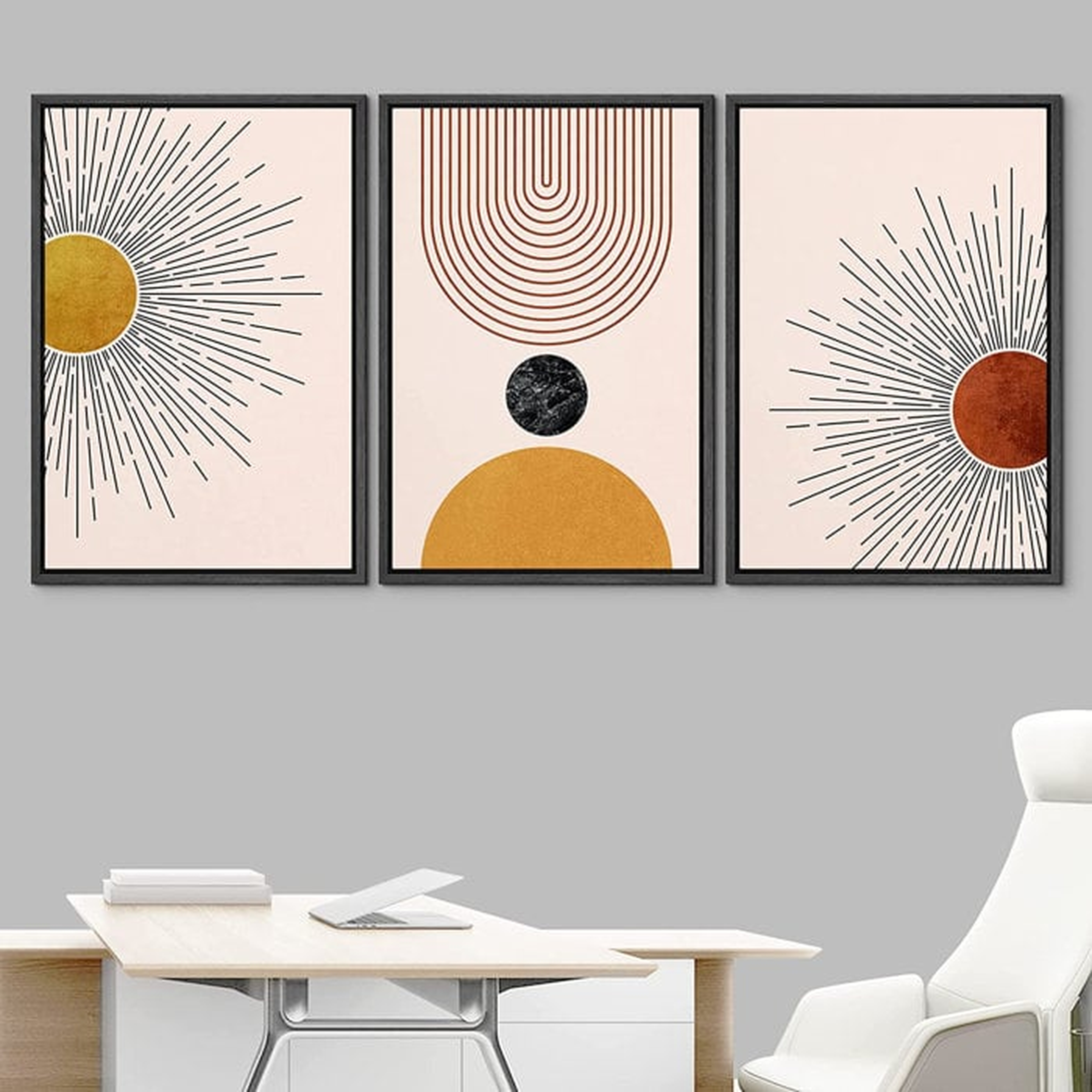 IDEA4WALL Framed Canvas Print Wall Art Set Mid-Century Geometric Solar Sun Space Planets Abstract Shapes Illustrations Minimalism Boho Decorative For Living Room, Bedroom, Office - 24"X36"X3 White - Wayfair