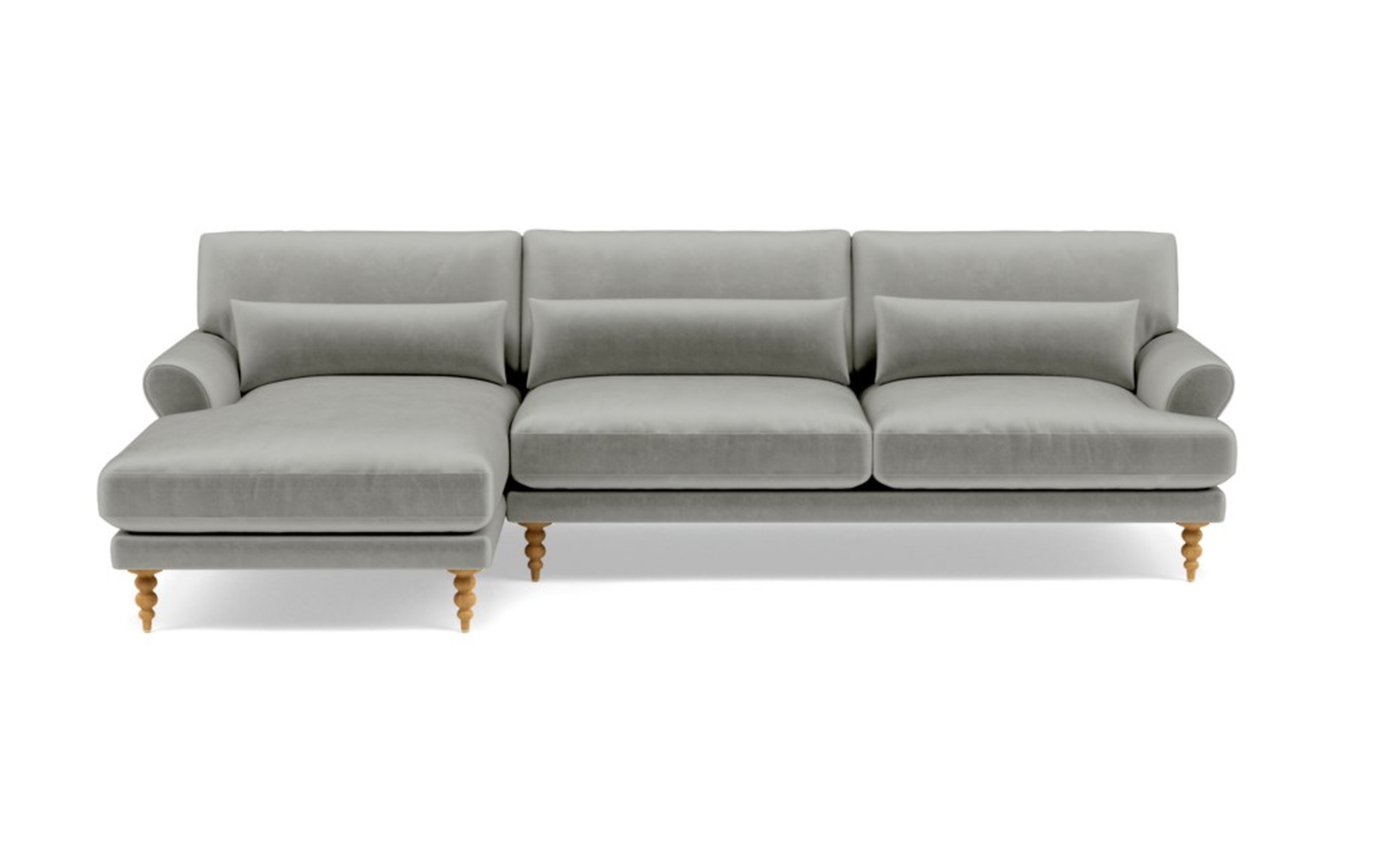 MAXWELL Sectional Sofa with Long Left Chaise // 114x73" // Greige Mod Velvet with Natural Oak Tapered Turned Wood Leg // Two Cushions - Interior Define