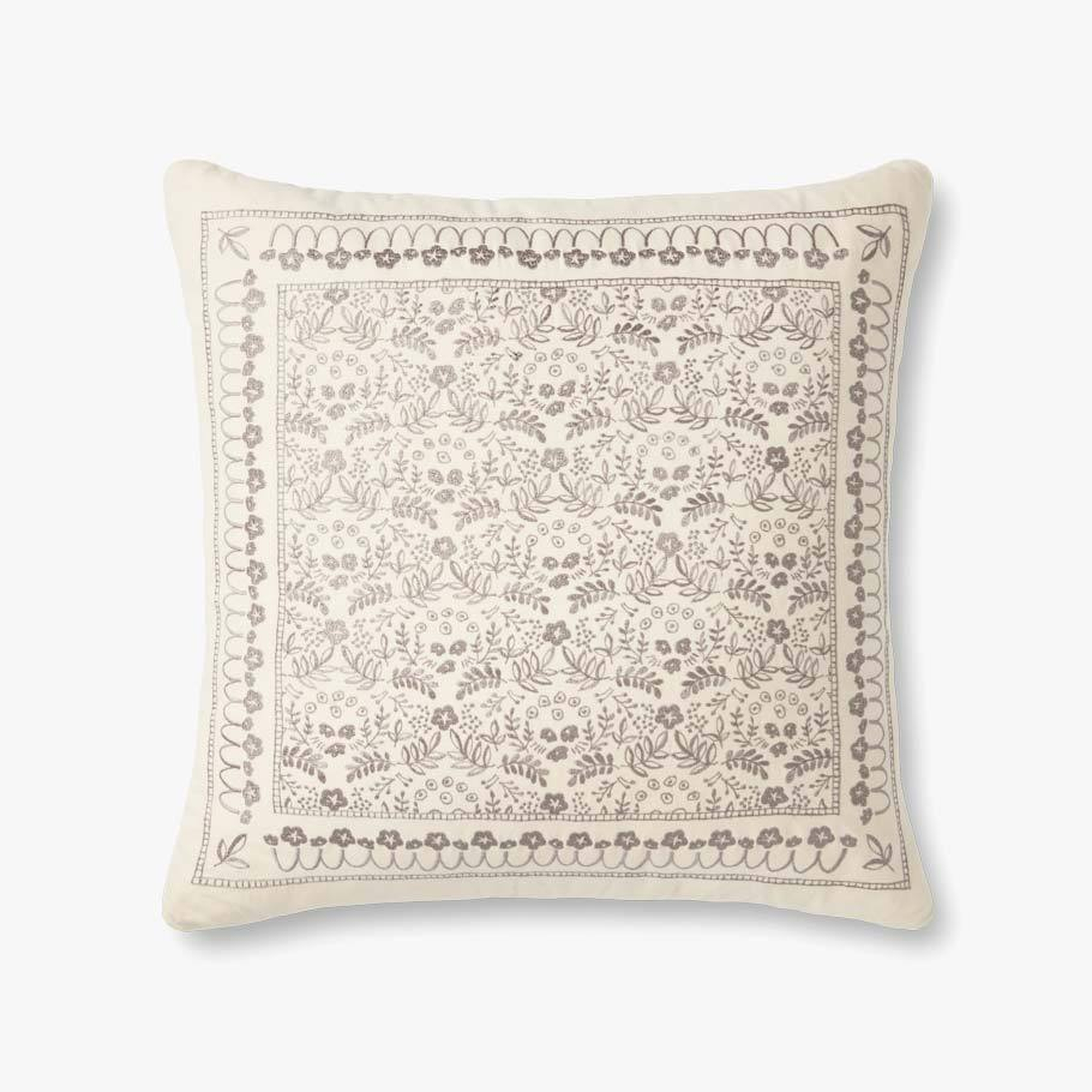 Rifle Paper Co. × Loloi Throw Pillow with Poly FIll, Ivory & Gray, 22" x 22" - Rifle Paper Co. x Loloi