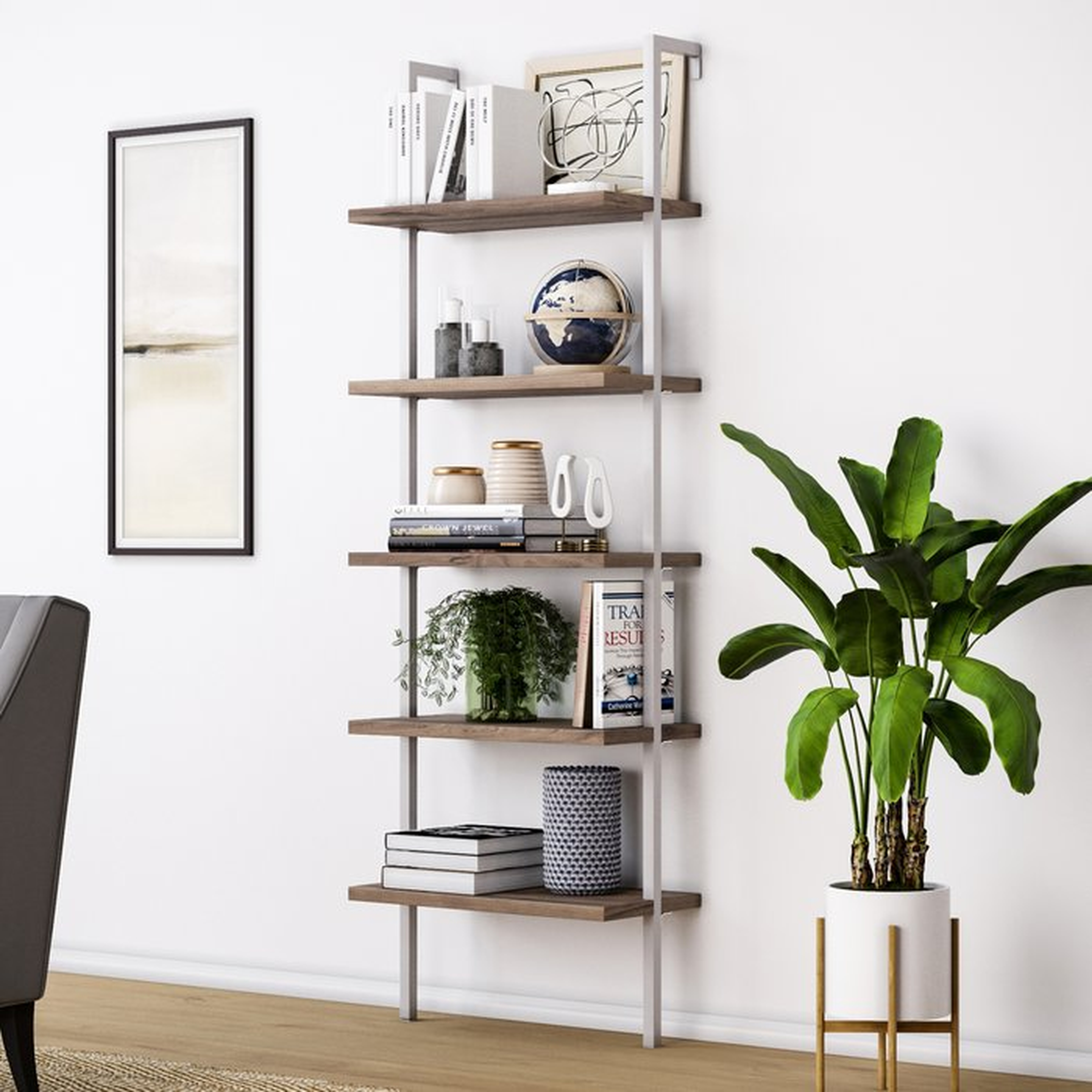 Moskowitz Ladder Bookcase - Natural Light Brown Wood, White Metal Frame - Wayfair