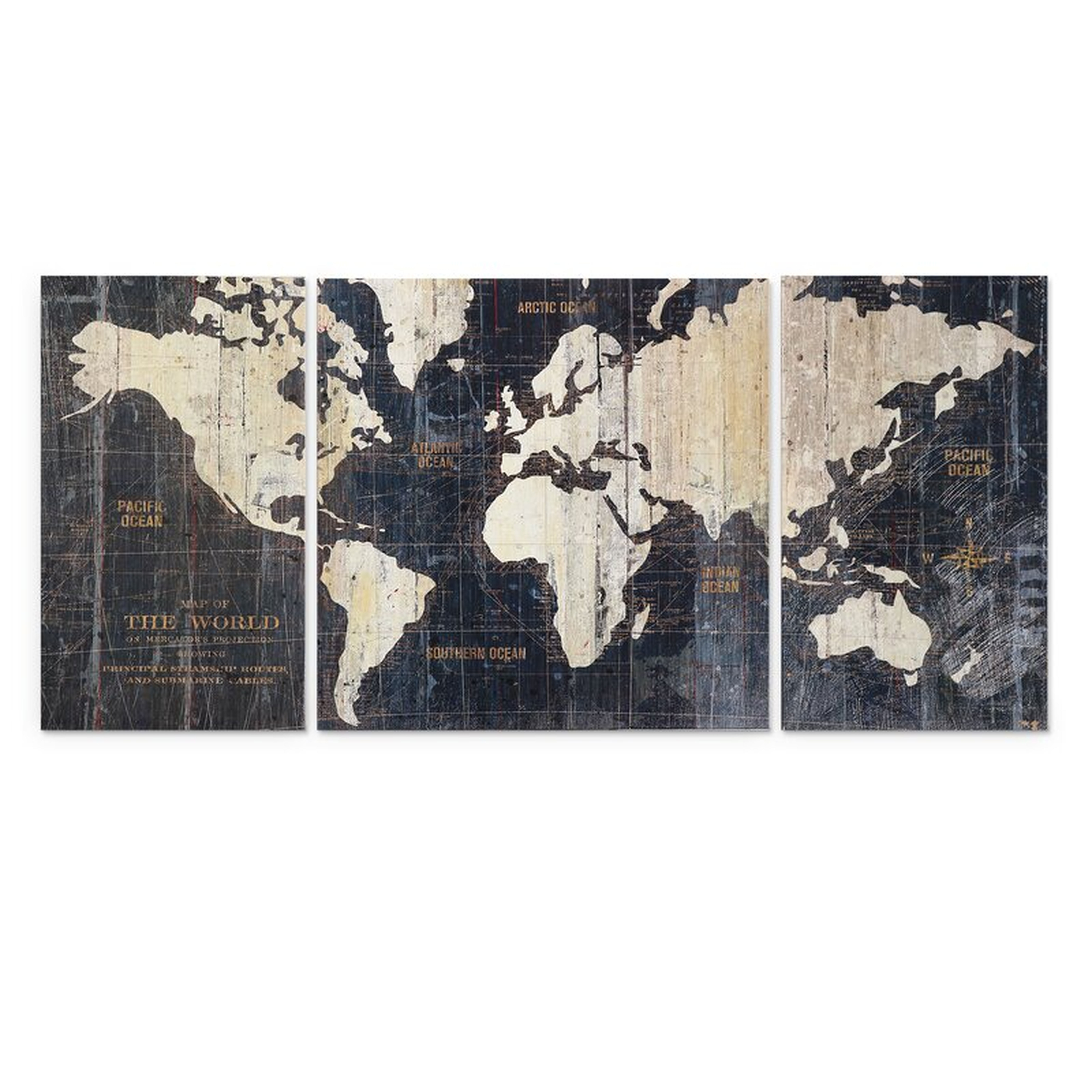 'Old World Map Blue' - 3 Piece Wrapped Canvas Graphic Art Print Set - AllModern