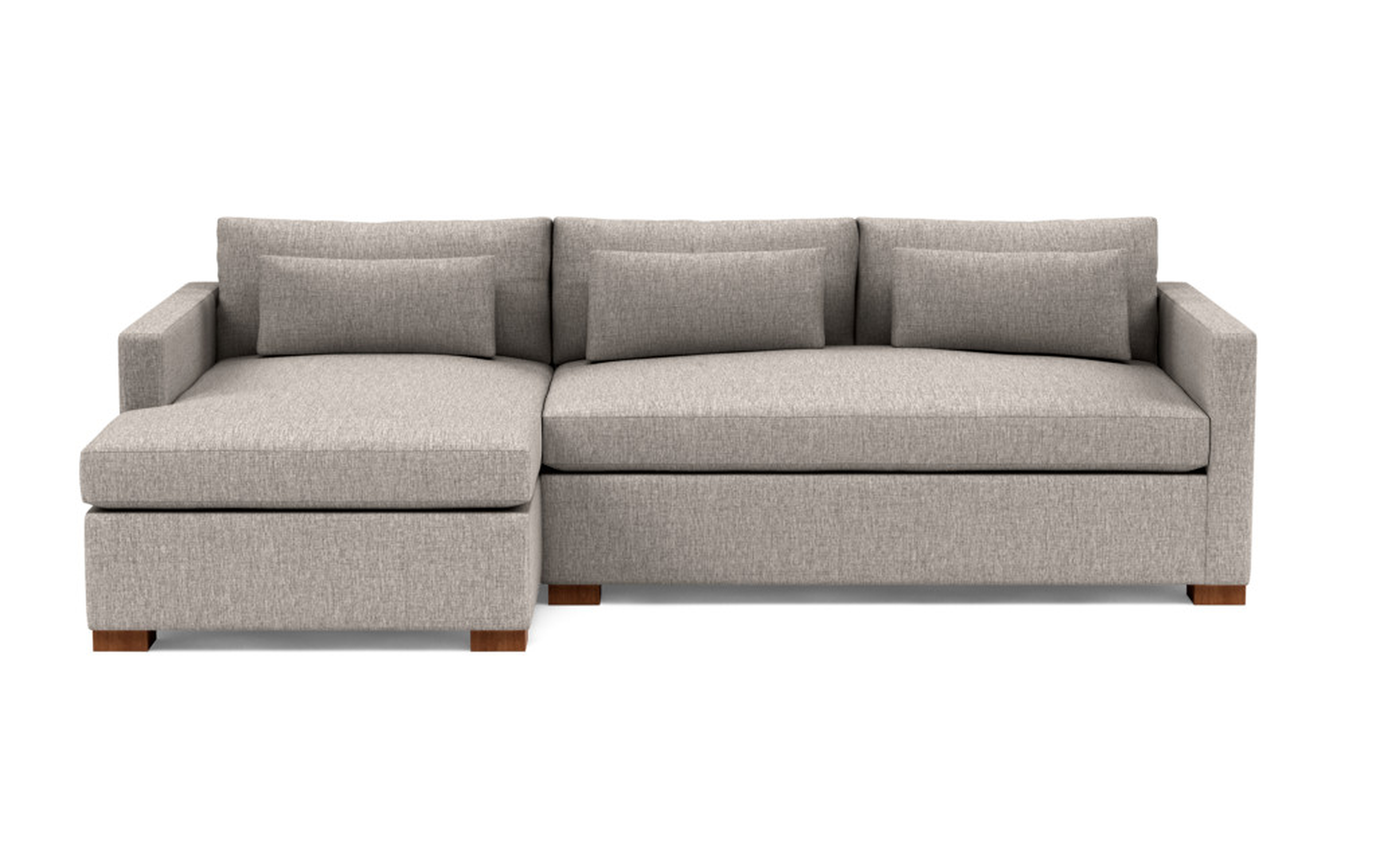 Charly 110" Left Sectional with Brown Earth Fabric, double down blend cushions, extended chaise, and Oiled Walnut legs - Interior Define