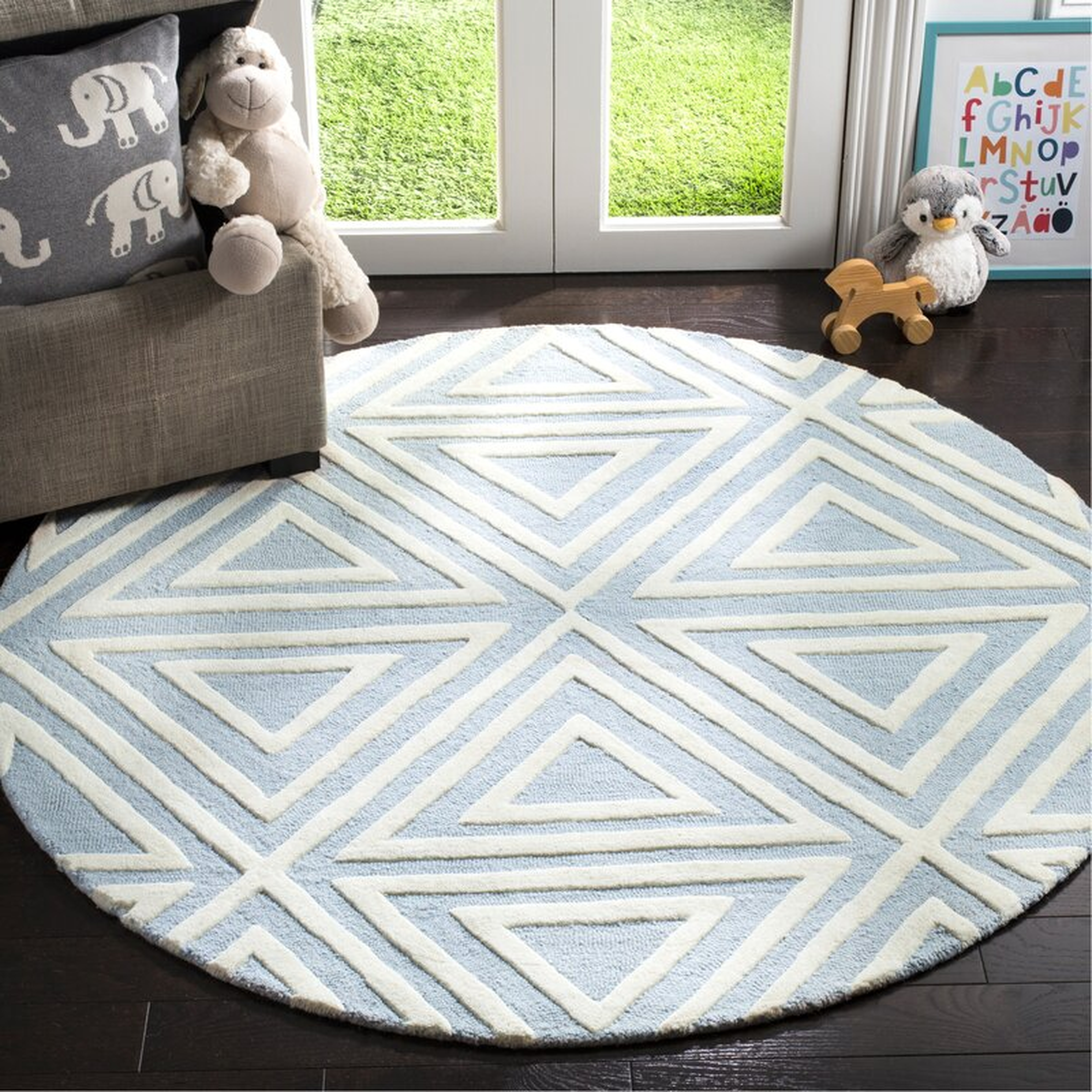 Brenner Hand-Tufted Wool Blue/Ivory Triangles Area Rug  5' Round - Wayfair