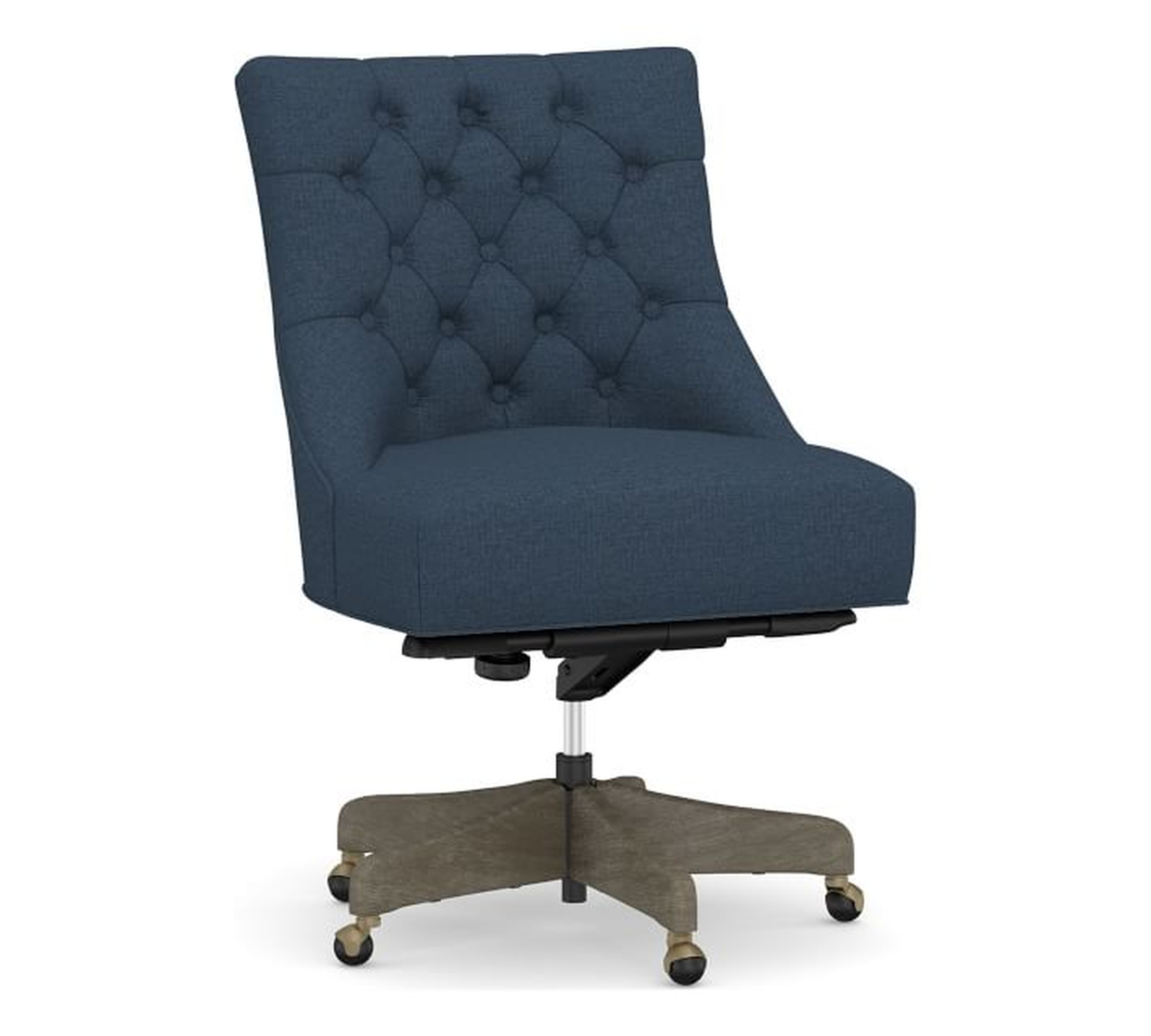 Hayes Upholstered Tufted Swivel Desk Chair with Gray Wash Frame, Brushed Crossweave Navy - Pottery Barn