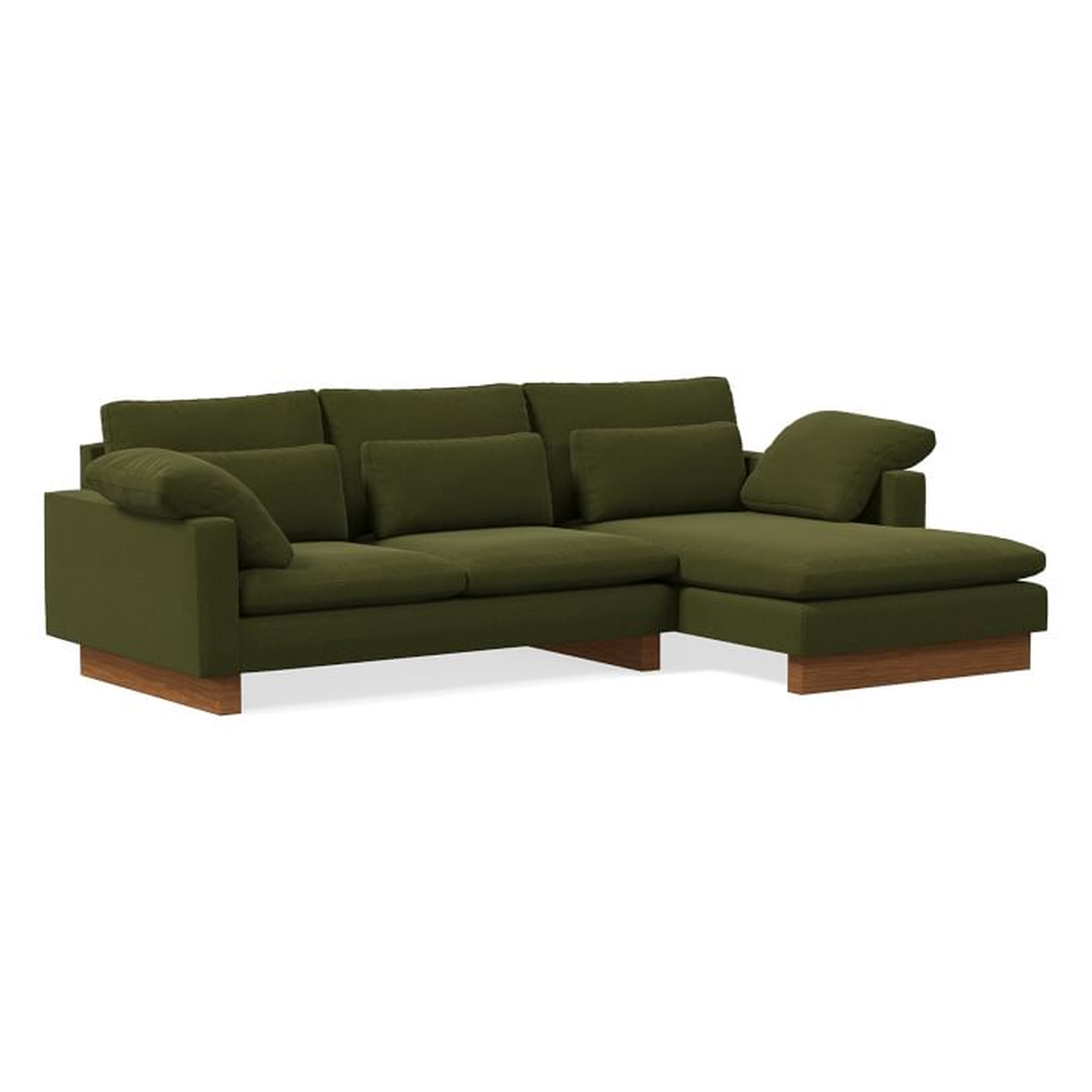Harmony Sectional Set 01: Left Arm 2.5 Seater Sofa, Right Arm Chaise, Distressed Velvet, Olive, Dark Walnut, Down - West Elm
