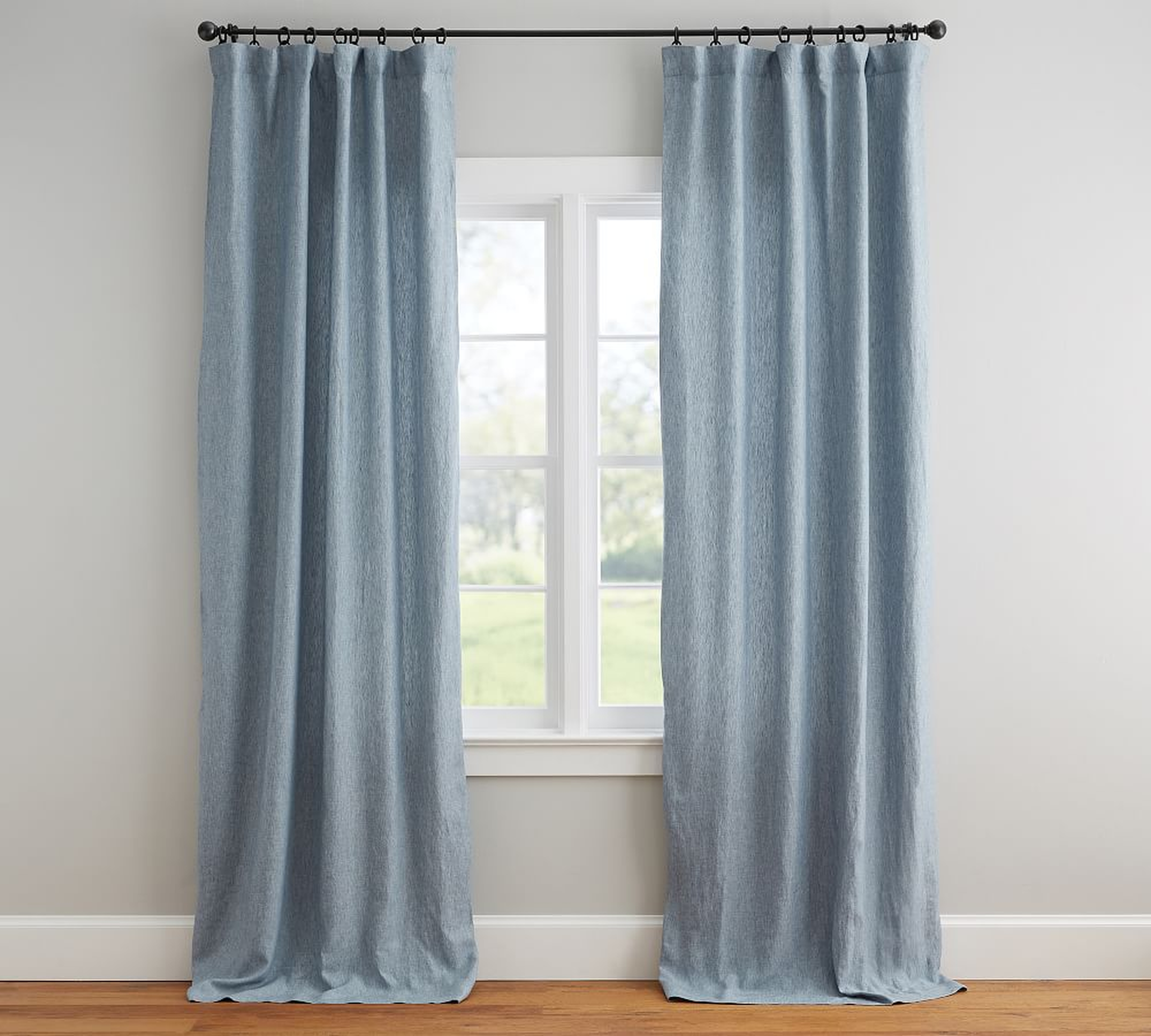 Belgian Flax Linen Curtain, Cotton Lining, 50 x 96", Blue Chambray - Pottery Barn