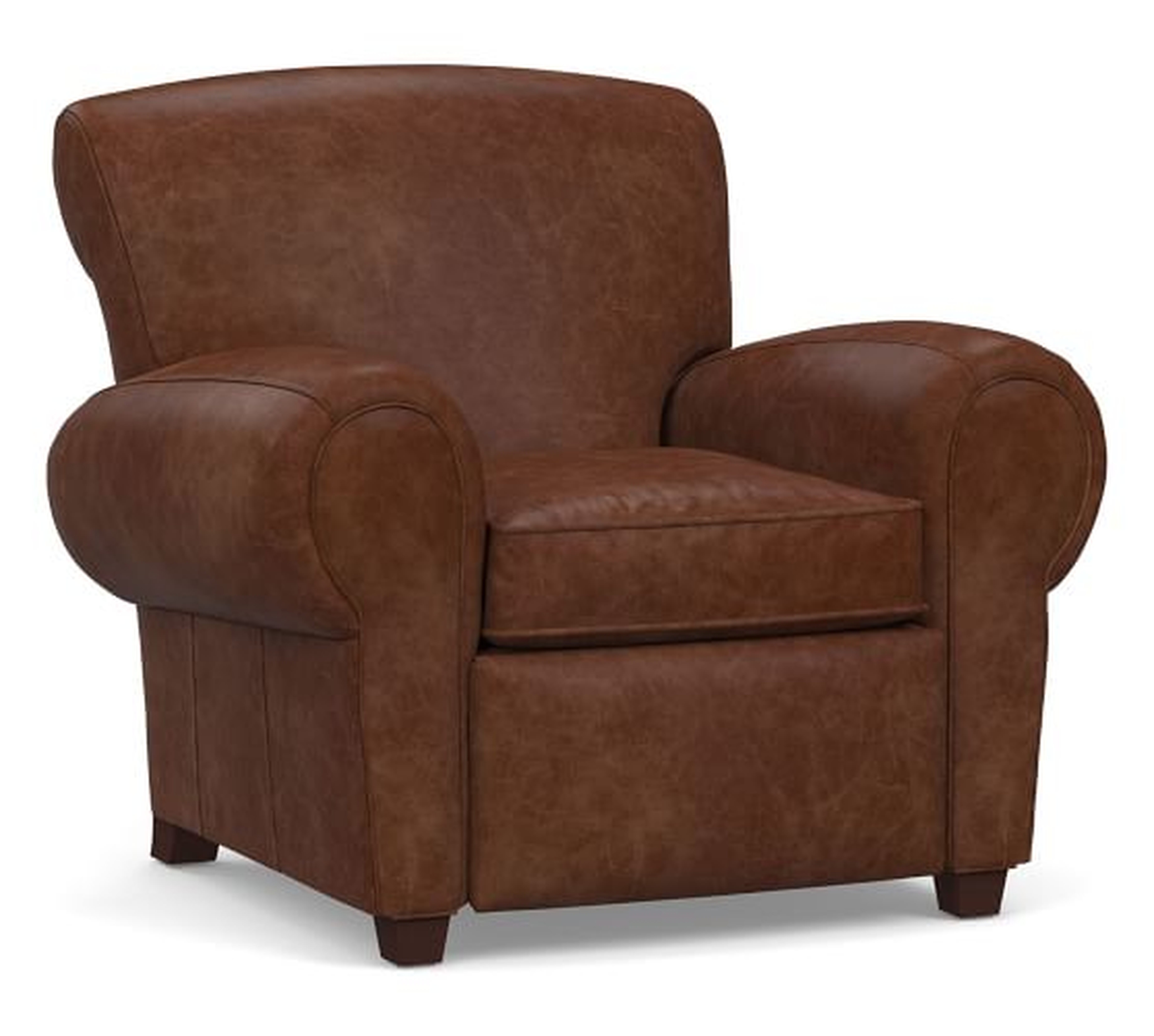 Manhattan Leather Recliner without Nailheads, Polyester Wrapped Cushions, Statesville Molasses - Pottery Barn