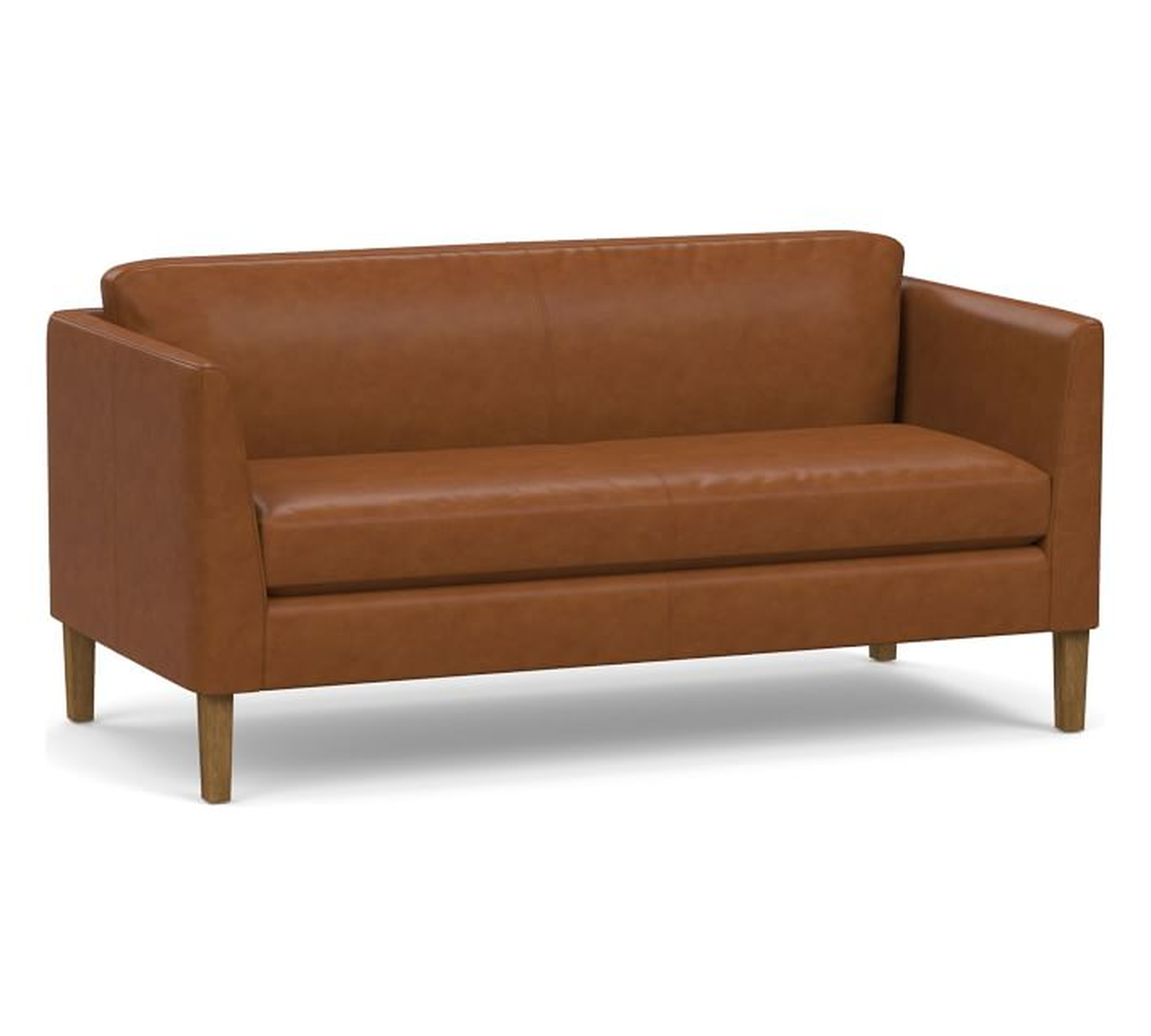 Hudson Leather Loveseat 64.5", Polyester Wrapped Cushions, Signature Maple - Pottery Barn