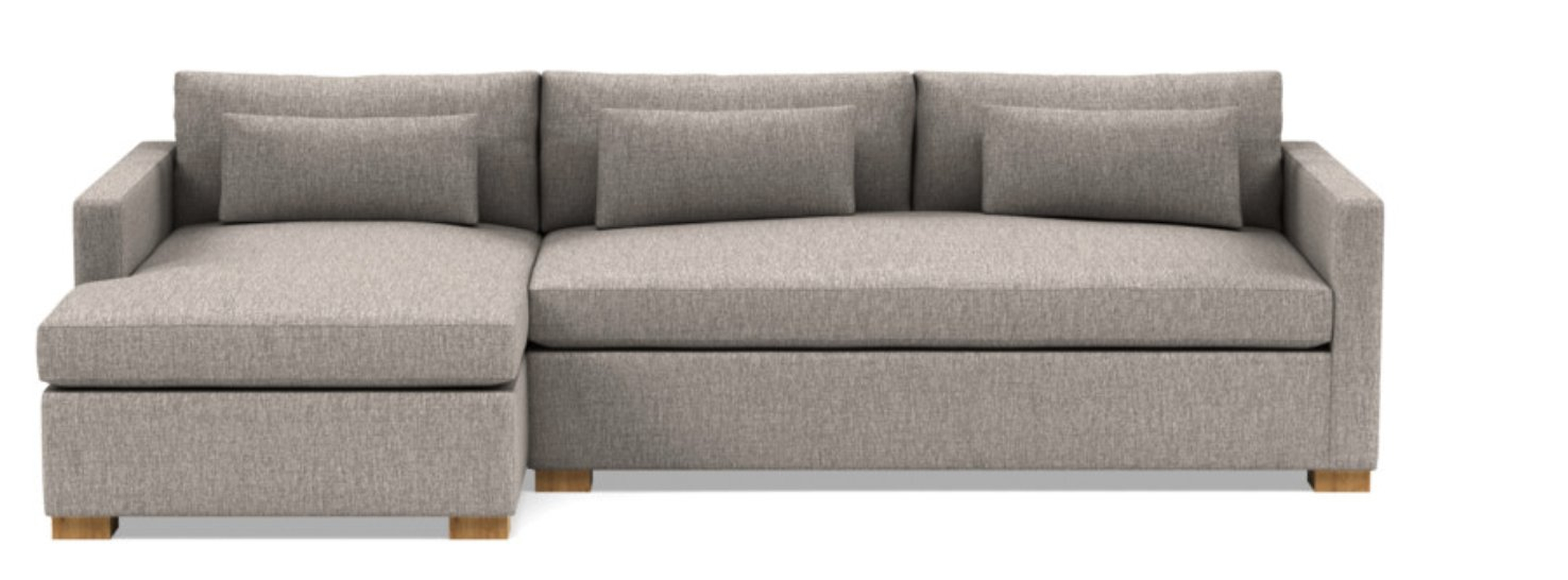 Charly Sleeper Sectional with Brown Earth Fabric, down alternative cushions, Long chaise, and Natural Oak legs - Interior Define