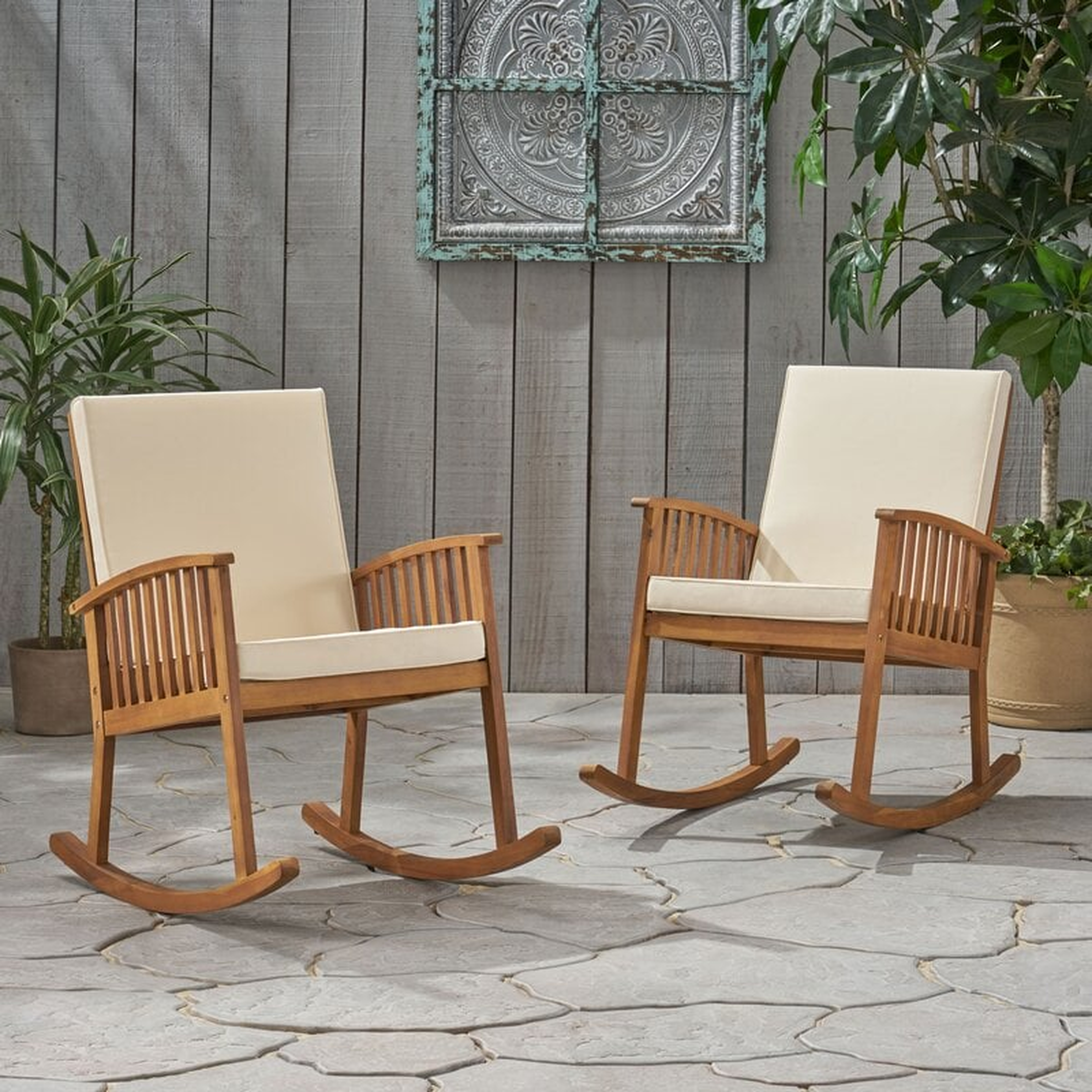 Outdoor Normant Rocking Solid Wood Chair with Cushions (Set of 2) - Wayfair