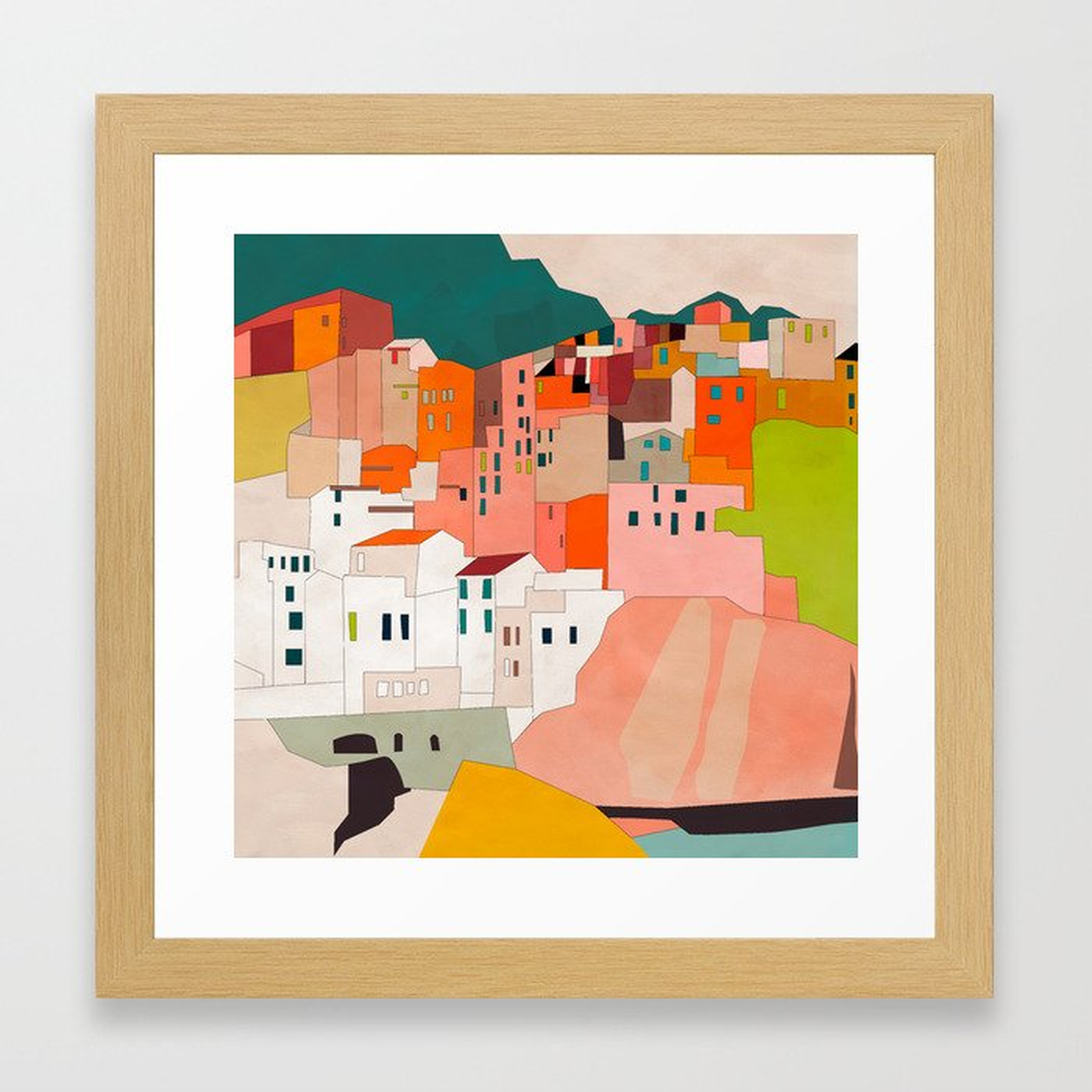 italy coast houses minimal abstract painting Framed Art Print - Conservation Natural - 12" x 12" - Society6