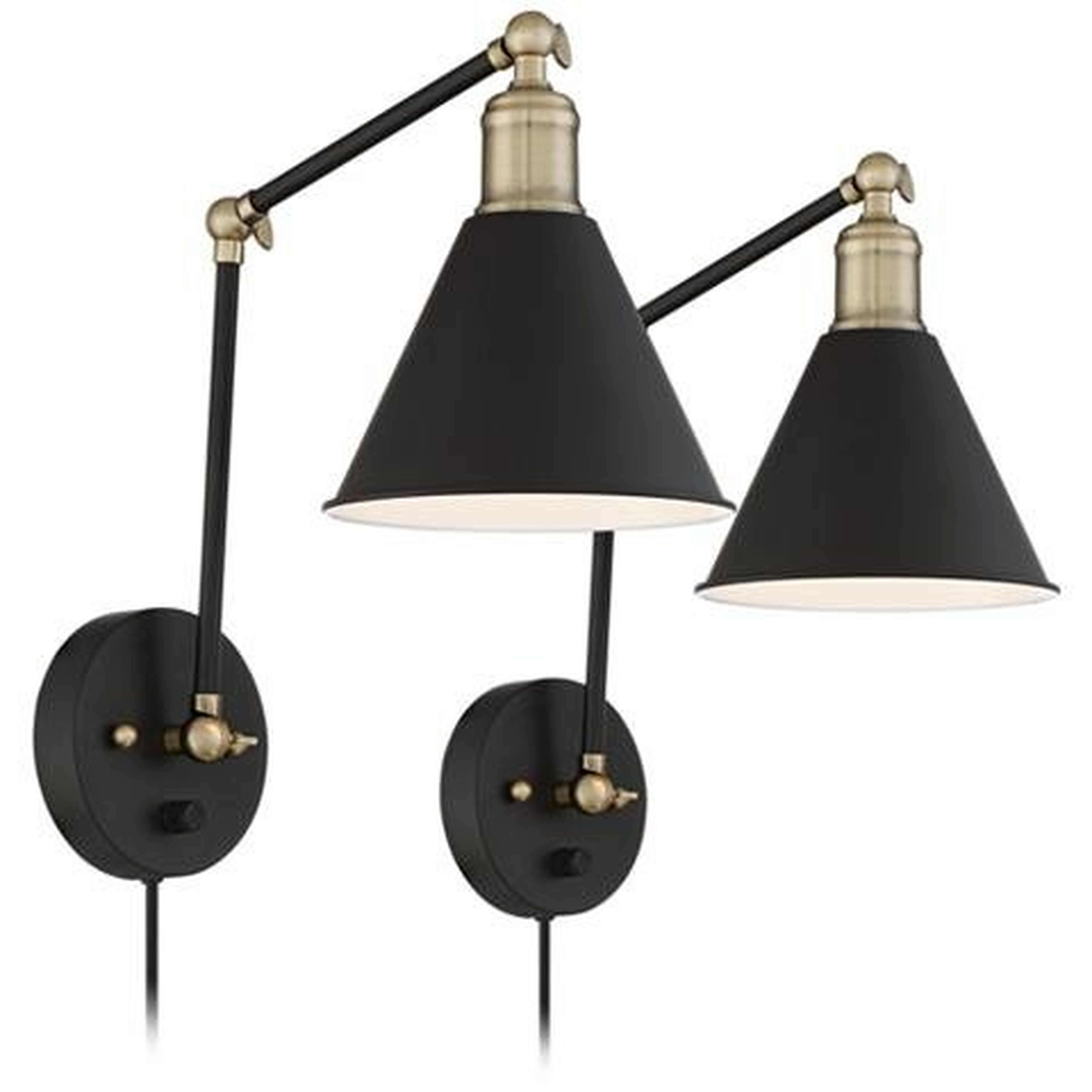 360 Lighting Wray Black and Antique Brass Plug-In Wall Lamps Set of 2 - Lamps Plus