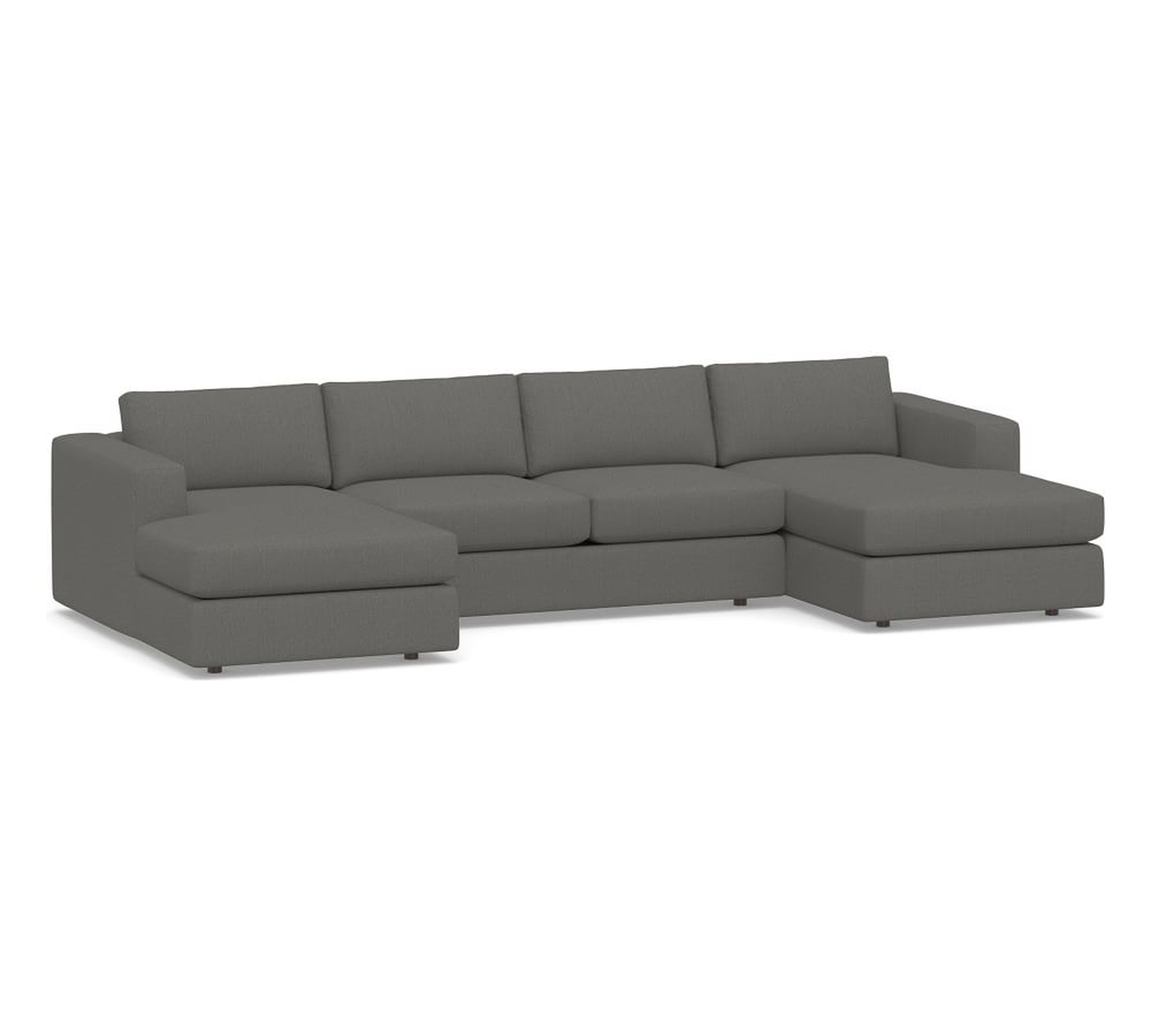 Carmel Square Arm Upholstered U-Chaise Loveseat Sectional, Down Blend Wrapped Cushions, Sunbrella(R) Performance Slub Tweed Charcoal - Pottery Barn