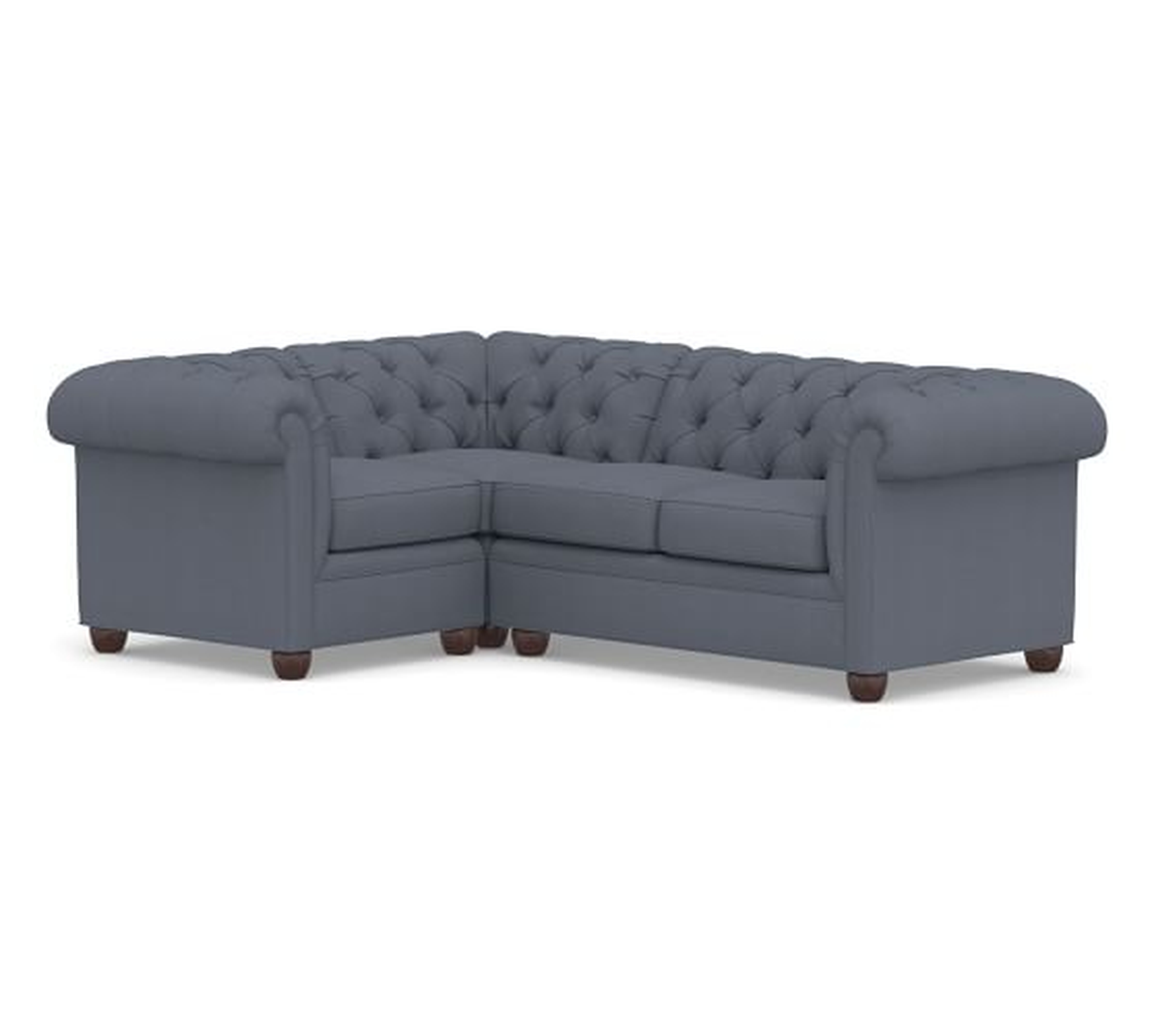 Chesterfield Roll Arm Upholstered Left Arm 3-Piece Corner Sectional, Polyester Wrapped Cushions, Sunbrella(R) Performance Boss Herringbone Indigo - Pottery Barn