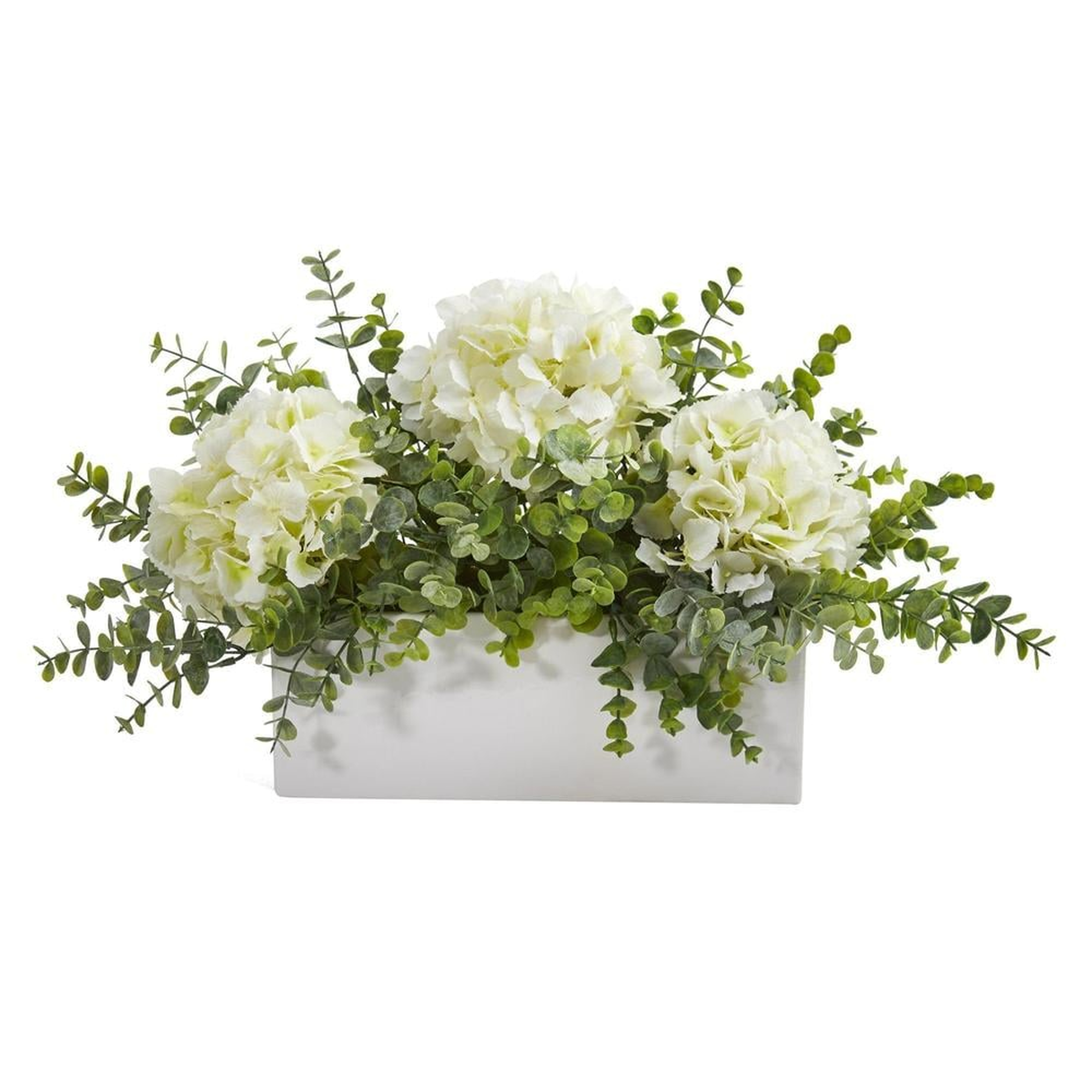 15" Hydrangea and Eucalyptus Artificial Arrangement in White Vase - Fiddle + Bloom