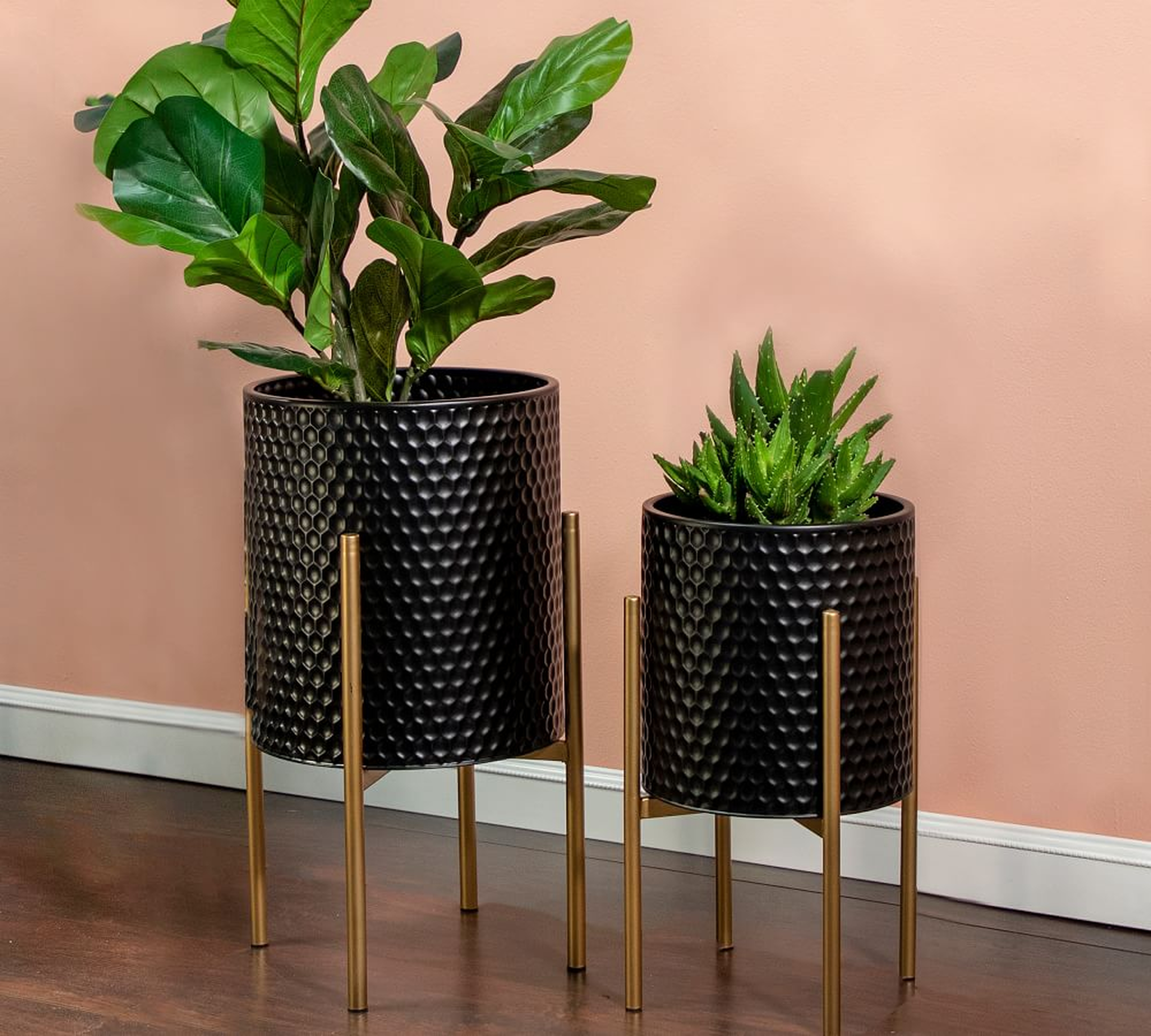 Bella Black Patterned Raised Planters with Gold Stand, Set of 2 - Pottery Barn