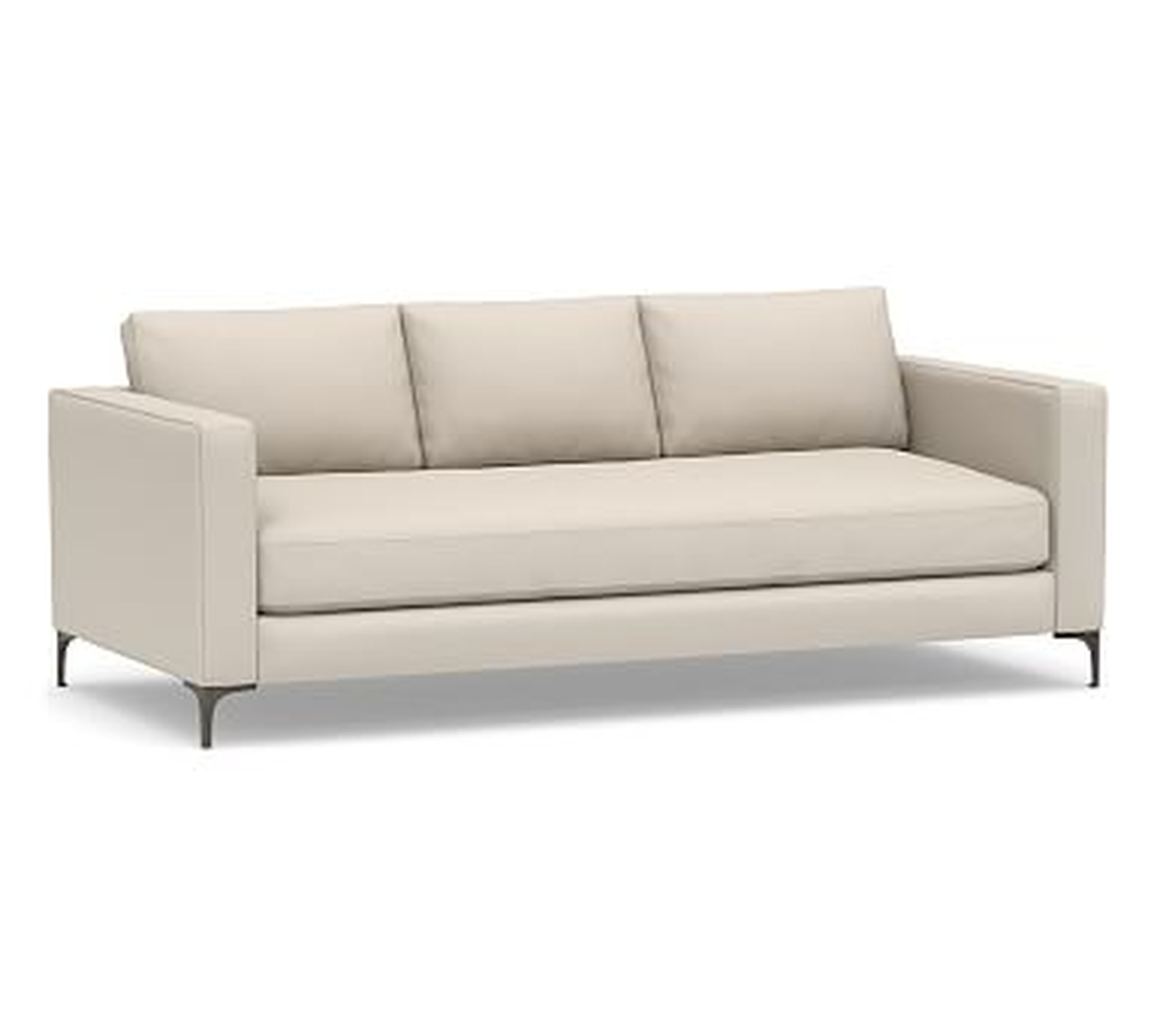 Jake Upholstered Sofa 85" with Bronze Legs, Polyester Wrapped Cushions, Performance Brushed Basketweave Oatmeal - Pottery Barn