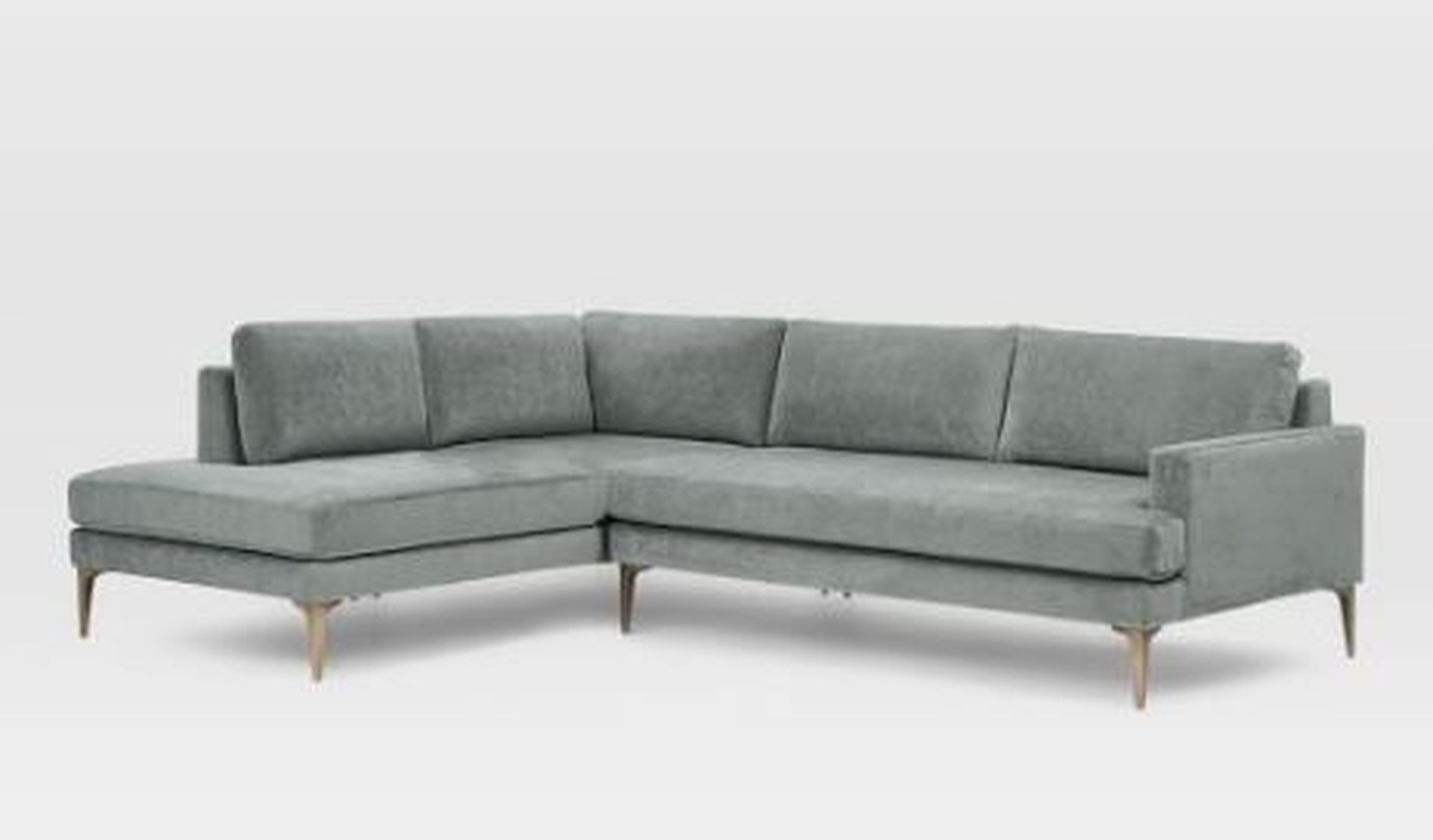 Andes Sectional Set 14: Right Arm 2.5 Seater Sofa, Left Arm Terminal Chaise, Poly, Distressed Velvet, Mineral Gray, Blackened Brass - West Elm