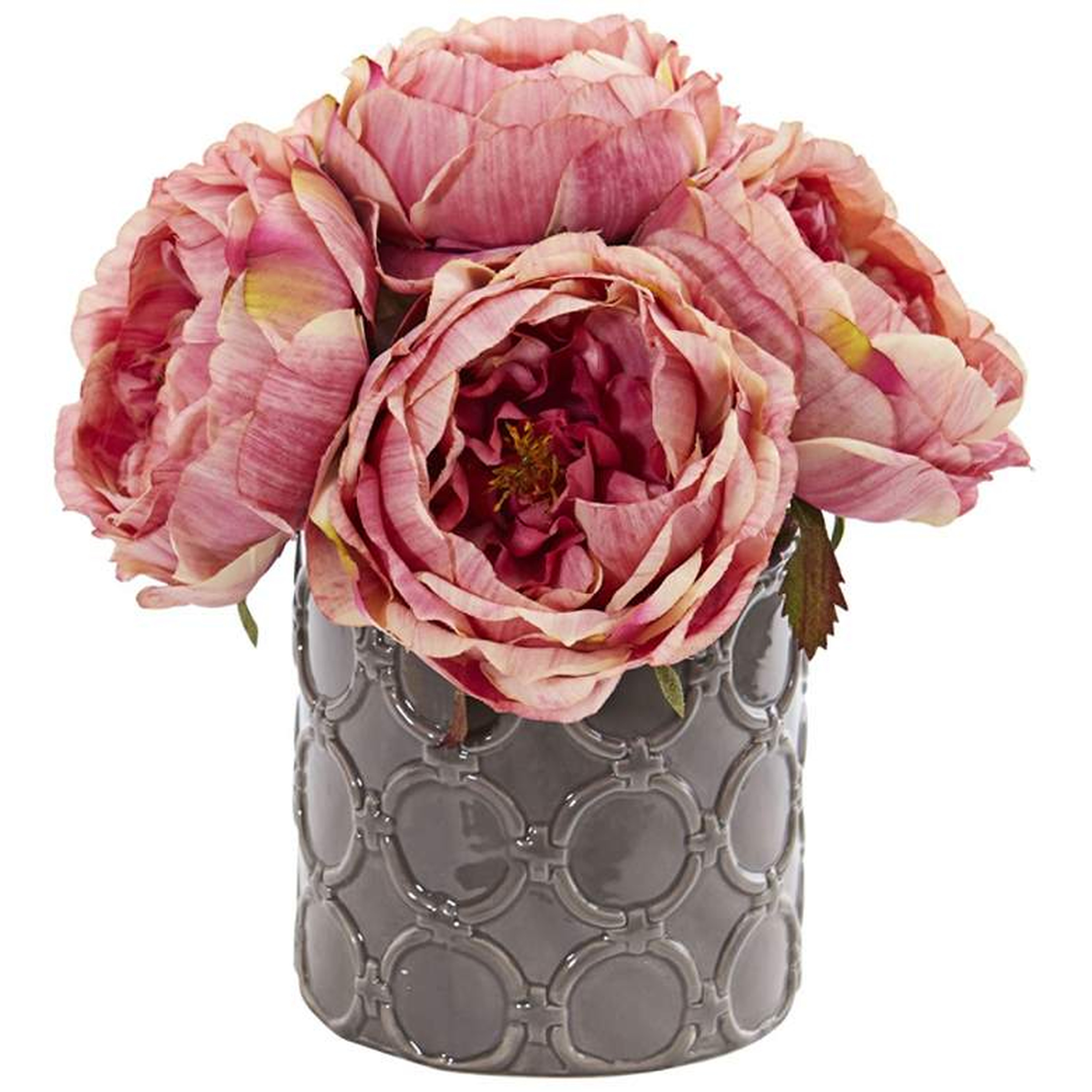 Large Pink Rose 10" High Faux Flowers in Gray Ceramic Vase - Lamps Plus