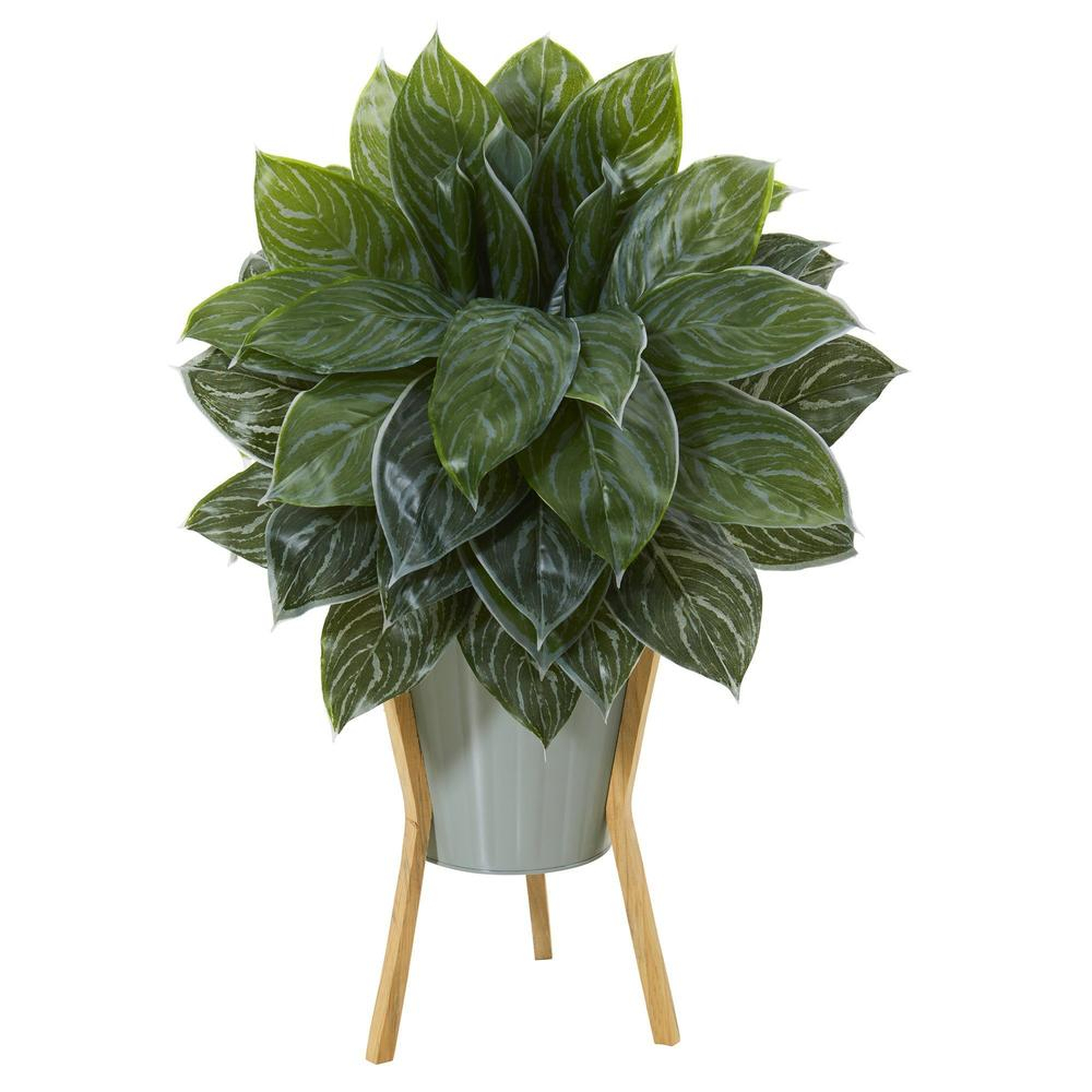 25” Silver Aglaonema Artificial Plant in Green Planter with Stand (Real Touch) - Fiddle + Bloom