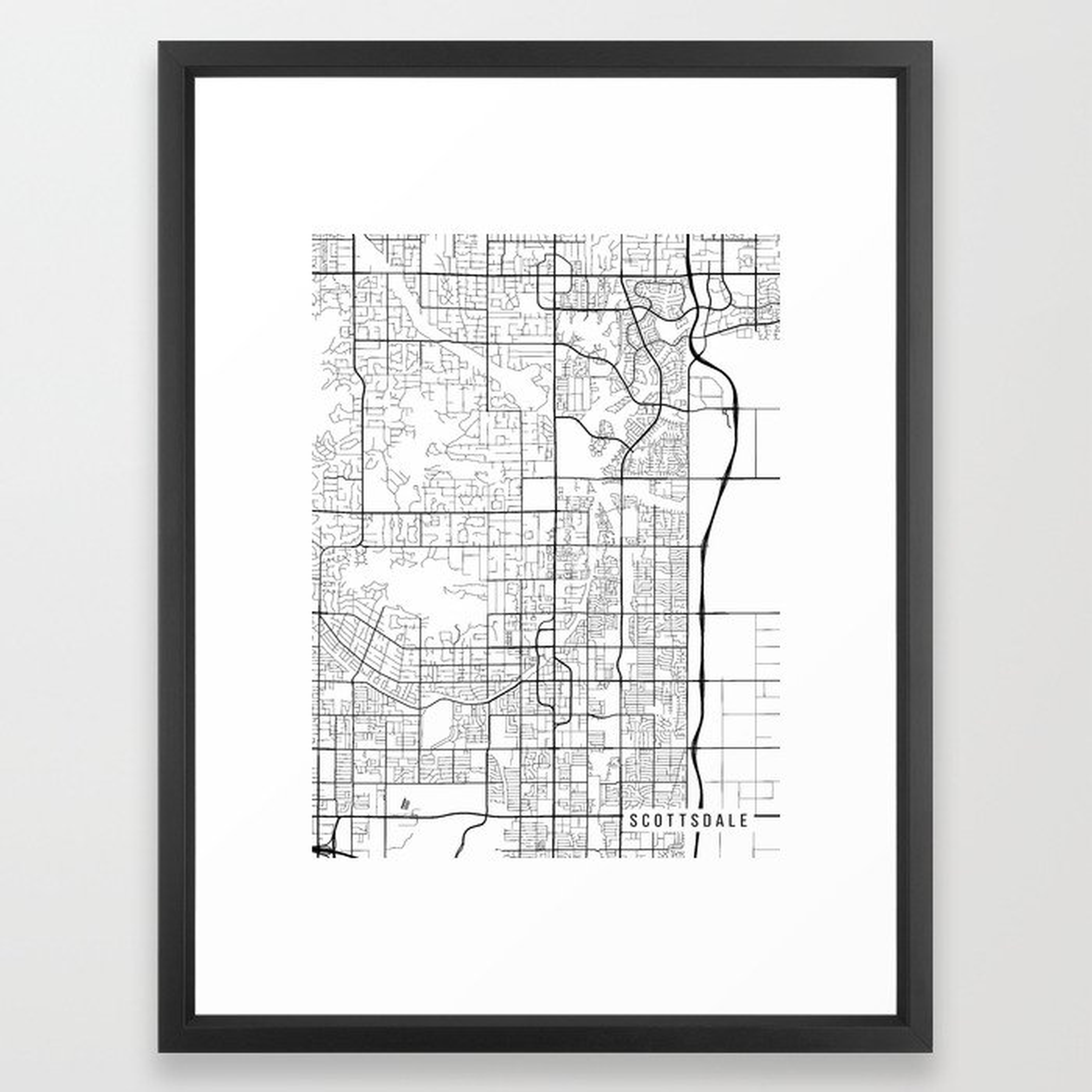Scottsdale Map, Arizona USA - Black & White Portrait Framed Art Print - Society6