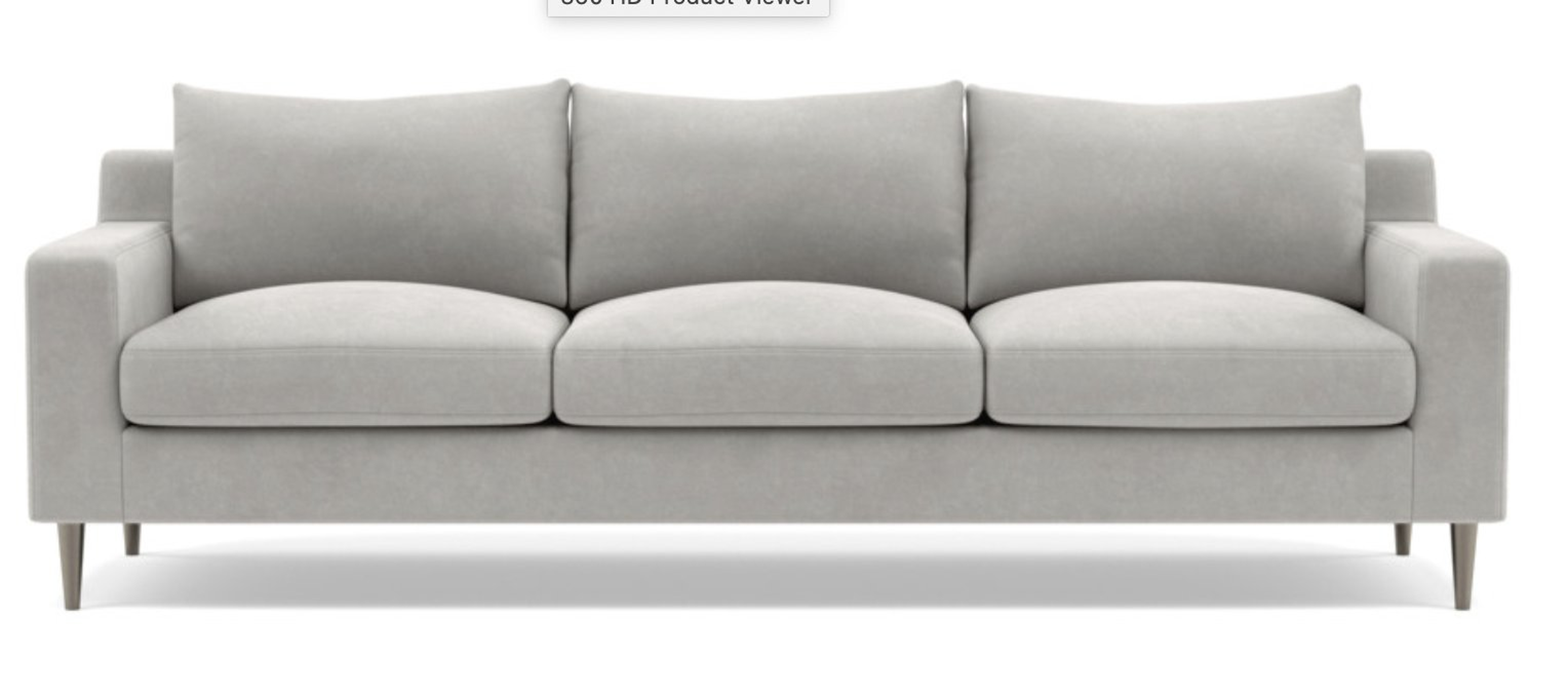 SLOAN 3-Seat Sofa, 95” Long, Standard (36”) Deep, Sterling Performance Velvet, Brushed Nickel-Plated Tapered Round Metal, Standard down blend Fill - Interior Define