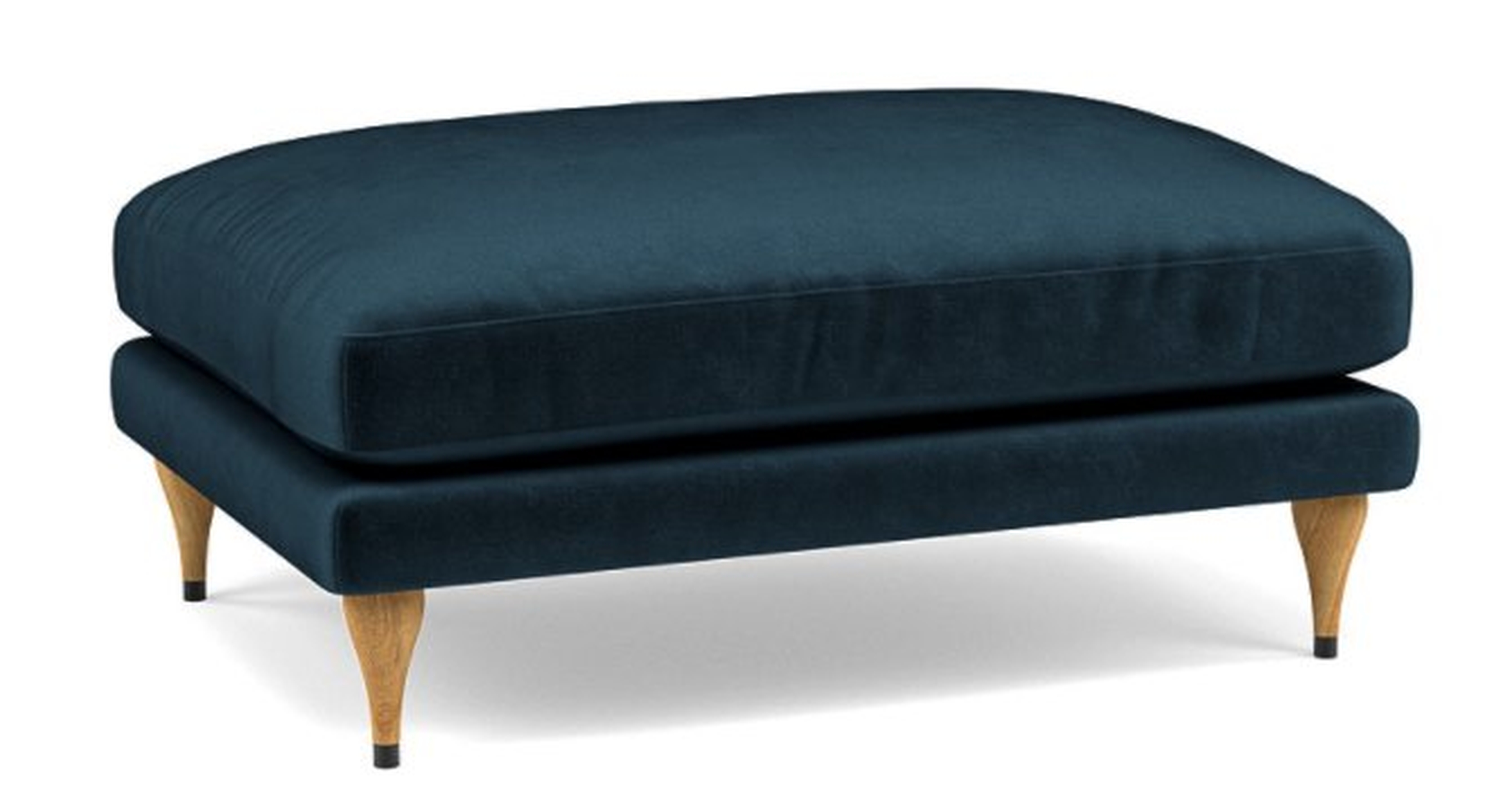 Maxwell Ottoman with Blue Sapphire Fabric and Natural Oak with Antique Cap legs - Interior Define