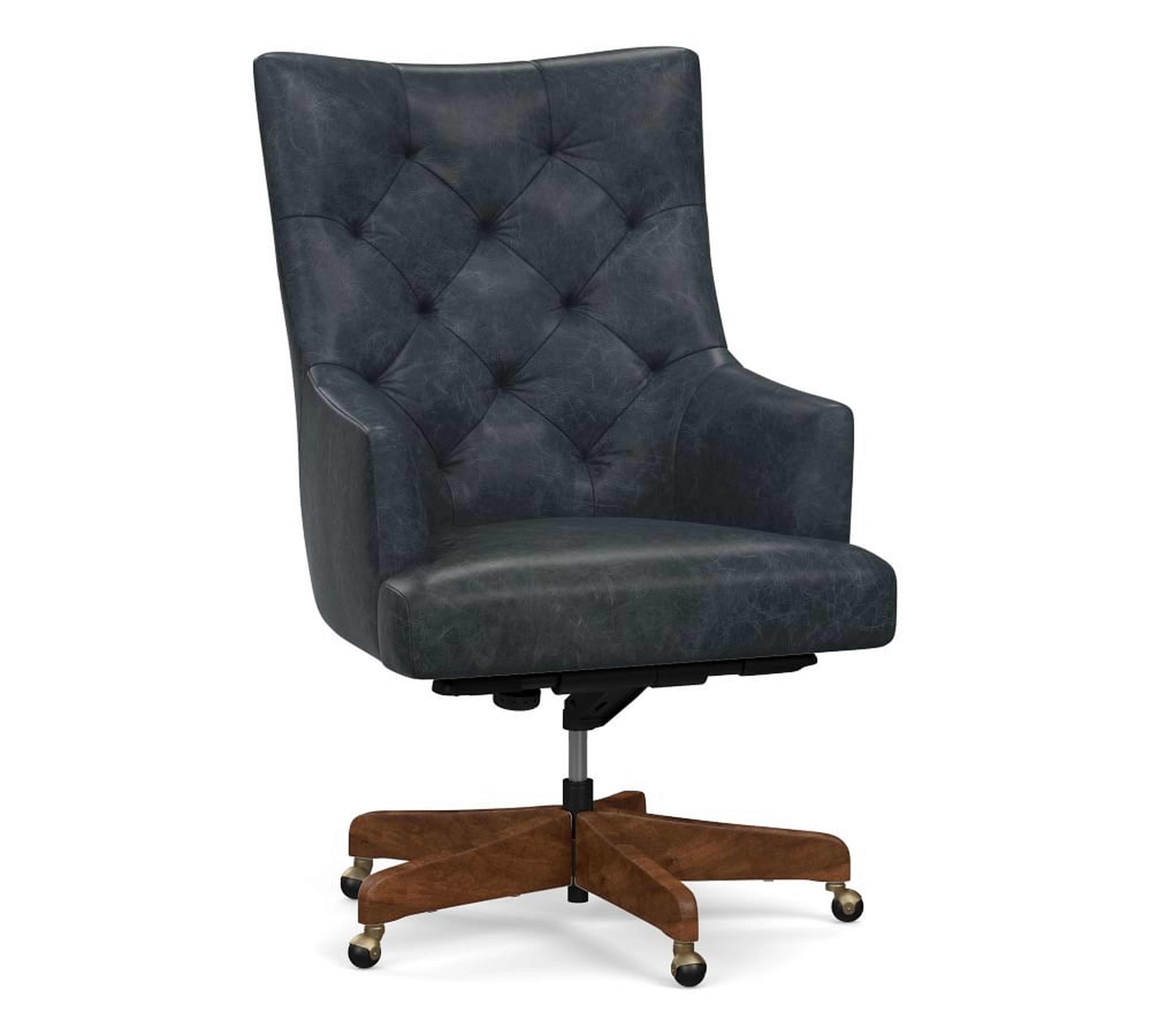 Radcliffe Tufted Leather Swivel Desk Chair, Rustic Brown Base, Statesville Indigo Blue - Pottery Barn