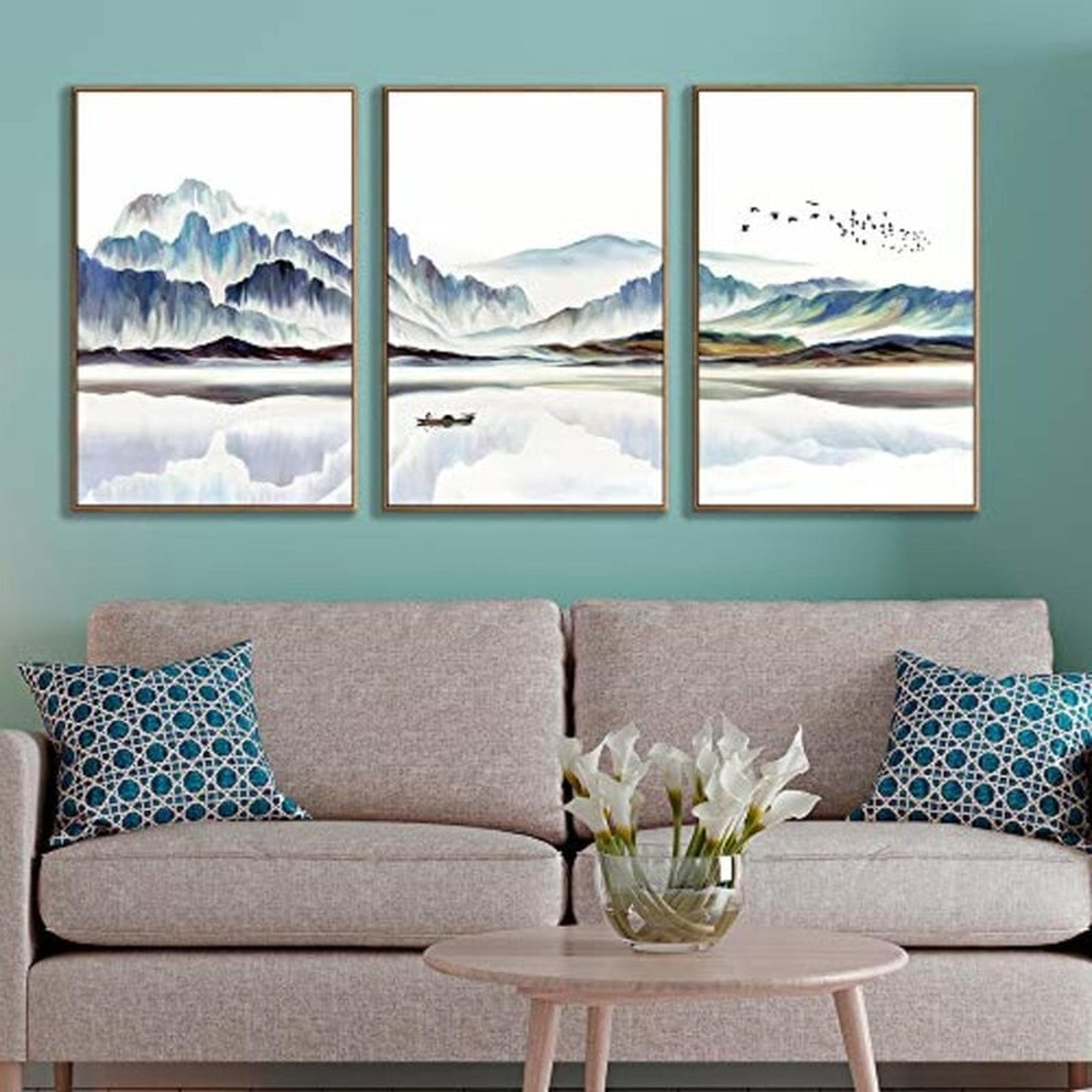 A Boat Floating On The Lake With Mountains In The Back - 3 Piece Floater Frame Painting on Canvas - Wayfair