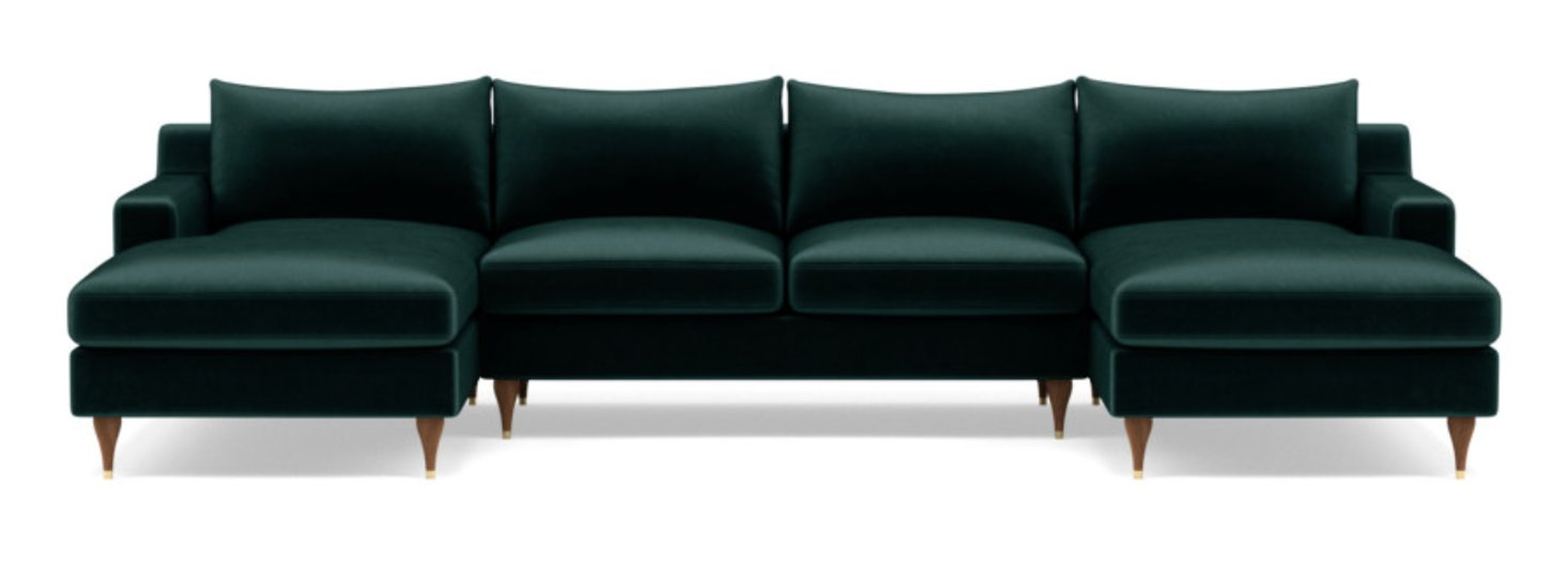 Sloan U-Sectional // Malachite Mod Velvet // Oiled Walnut and Brass Cap Stiletto Leg // 133" // Standard Chaise // 2 Cushions // Standard Down Blend - Interior Define