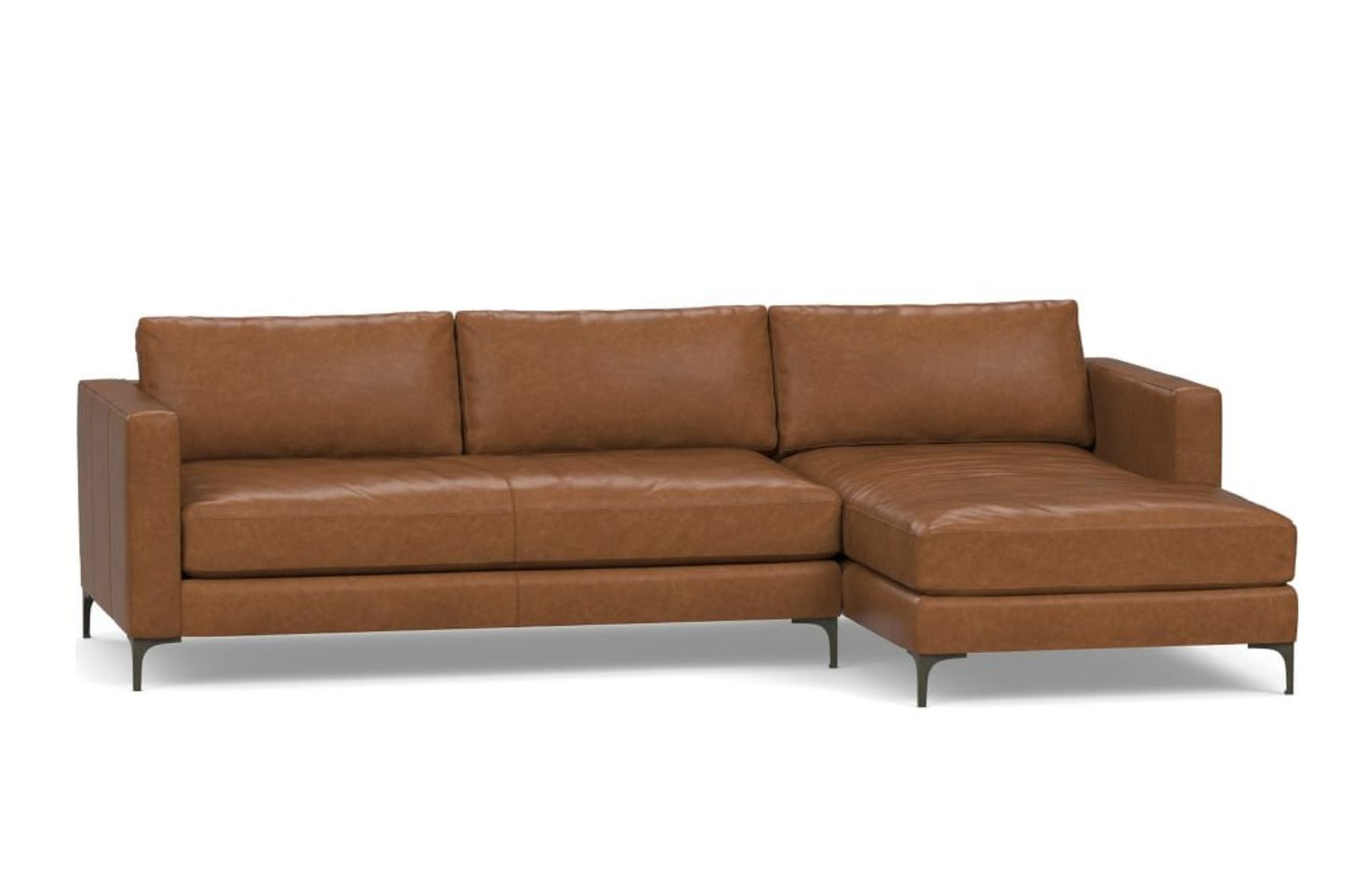 Jake Leather Right Arm Loveseat with Chaise Sectional, Bench Cushion and Bronze Legs, Down Blend Wrapped Cushions, Statesville Caramel - Pottery Barn