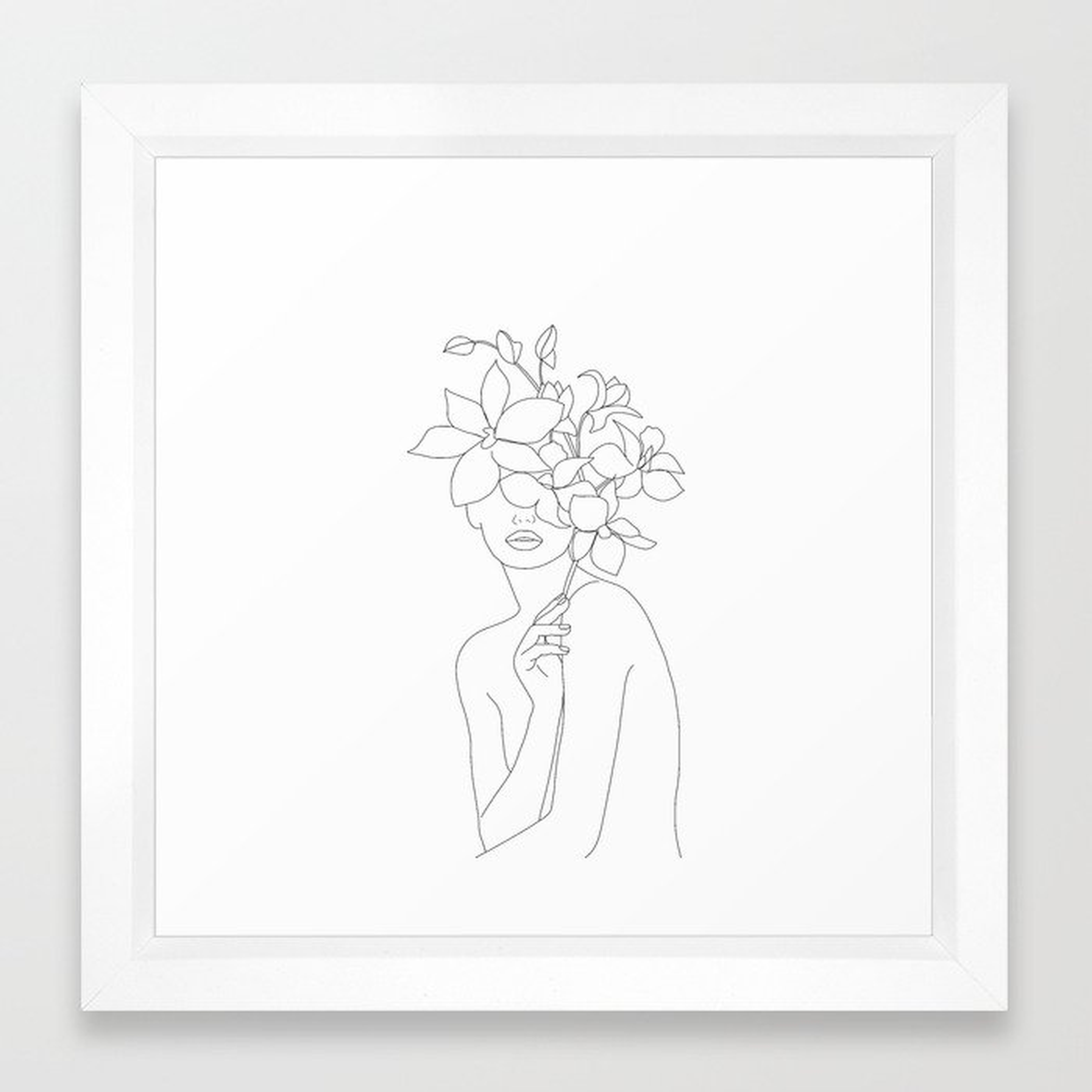 Minimal Line Art Woman with Orchids Framed Art Print (Vector White Frame) - Society6