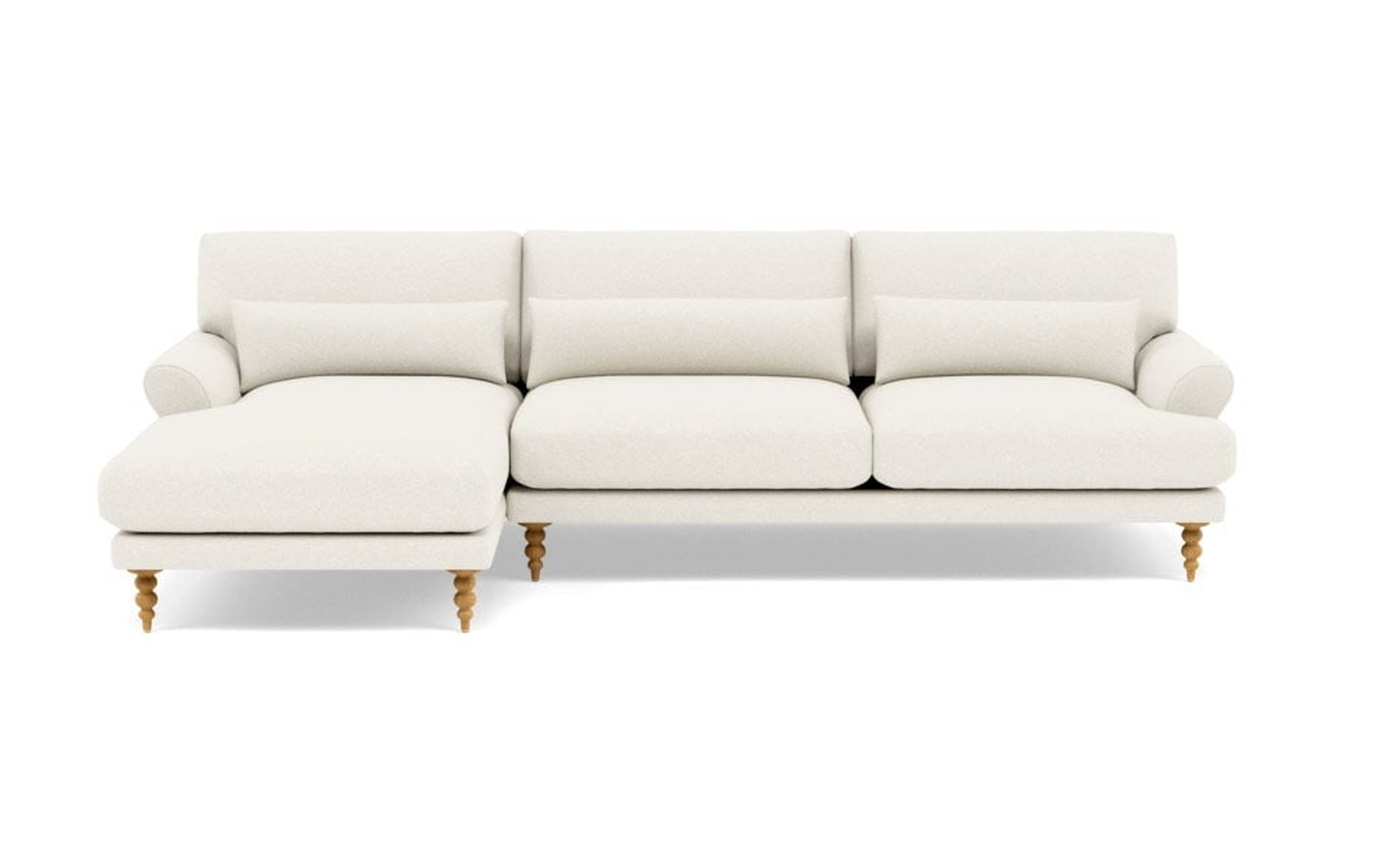 MAXWELL Sectional Sofa with Left Chaise/ Natural Oak Turned Tapered Legs/118" - Interior Define