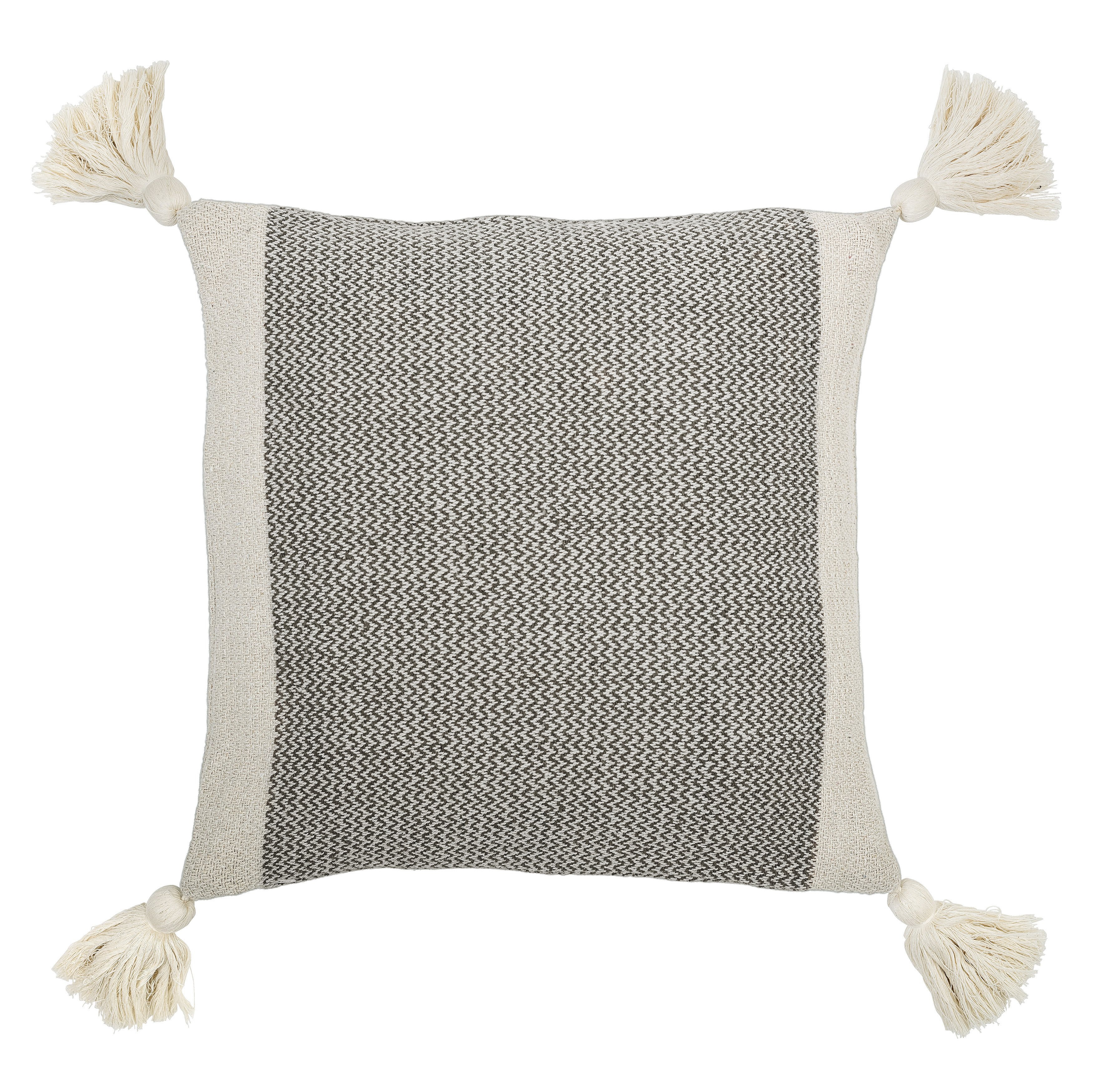 Square Grey & Cream Cotton Blend Pillow with Corner Tassels - Moss & Wilder